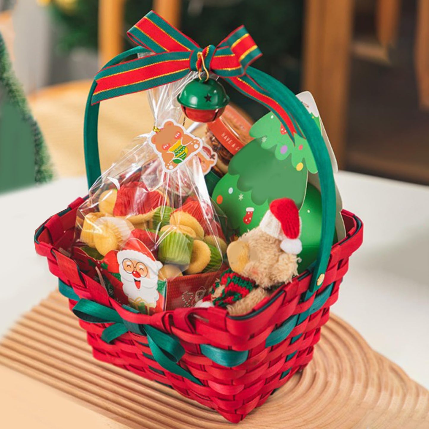 Christmas Baskets for Gifts Empty Hand-Woven Rectangle Red & Green Storage Baskets with Handle & Bow, Small Xmas Tote Basket for Holiday Decorative Present Wrapping (Red)