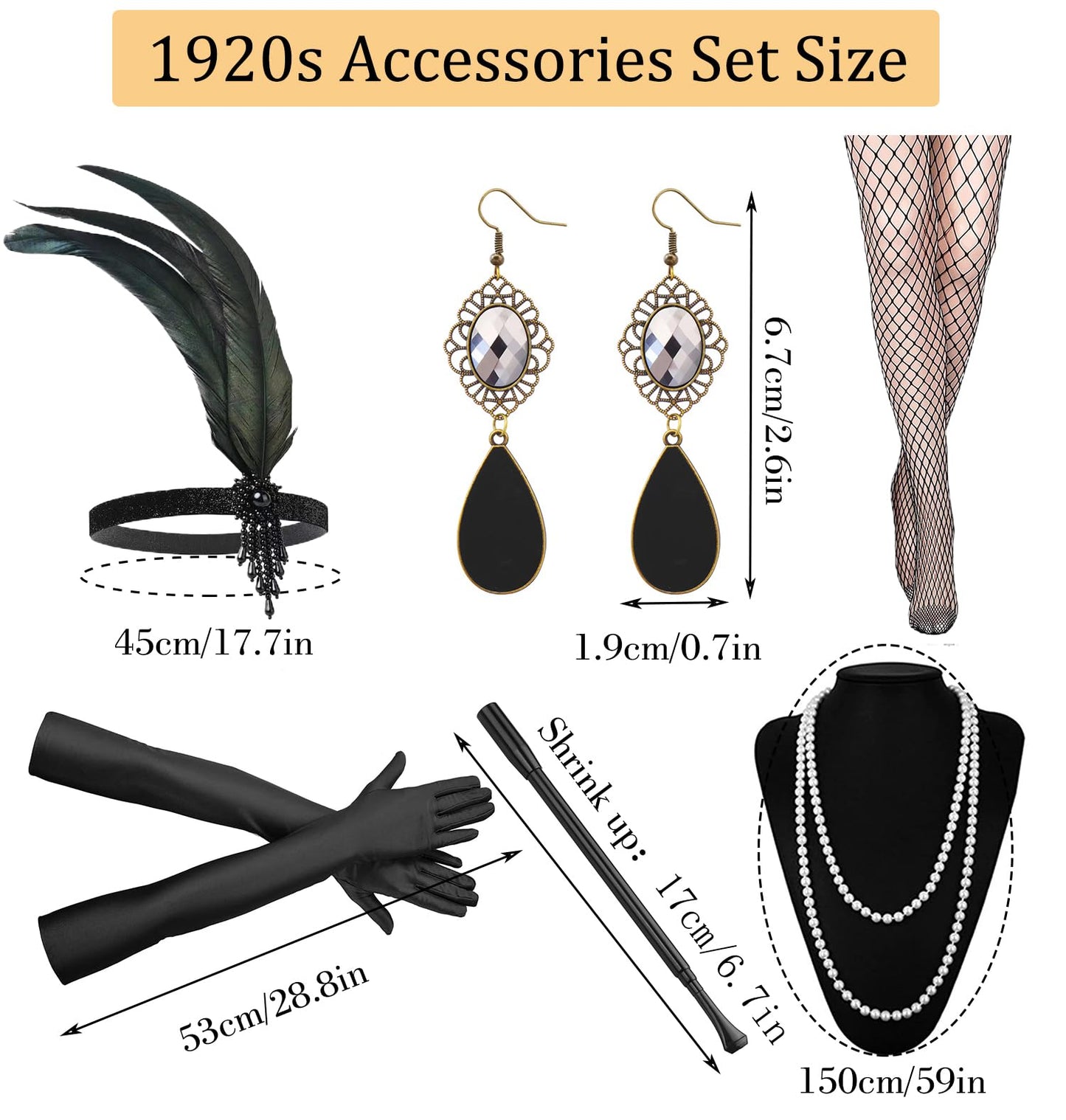 1920s Flapper Accessories Set, Roaring 20s Accessories Women Feather Headpiece Necklace Earrings Long Gloves,Black Gold