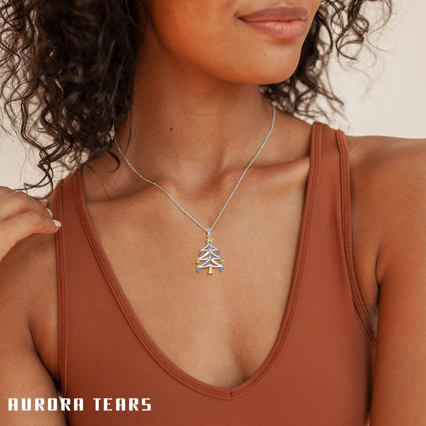 Aurora Tears 925 Sterling Silver Christmas Tree Pendant,Christmas Necklace Costume Jewelry Gift CZ Crystal Holiday Festival Jewelry Plant Pendant for Women