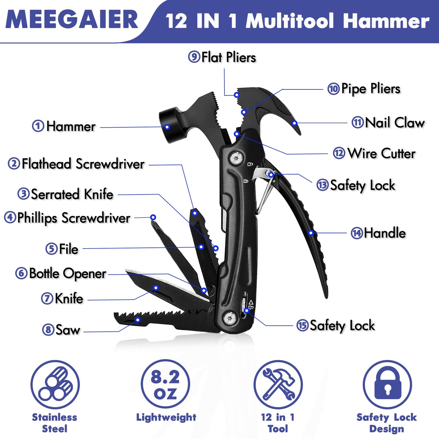 Father's Day Gifts for Men from Daughter Son Wife, Hammer Multitool Cool Gadgets Multi Tool with Gift Box Carrying Case Birthday Stocking Stuffers for Husband Him(Black)
