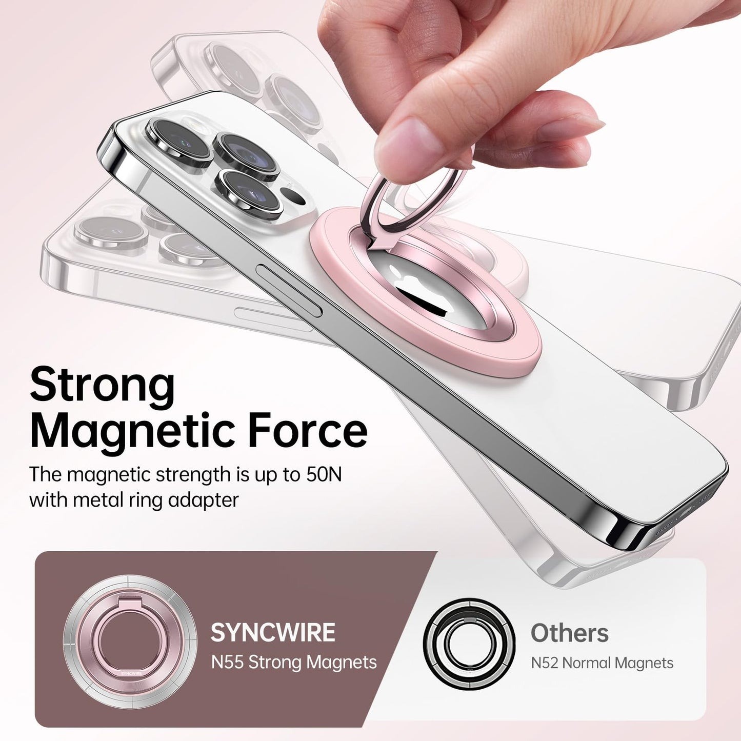 Syncwire Magnetic Phone Ring Holder for MagSafe, Magnetic Phone Ring Stand Finger Grip Kickstand with Two-Sided Magnets Compatible iPhone,Android,MagSafe Accessories, Light Pink