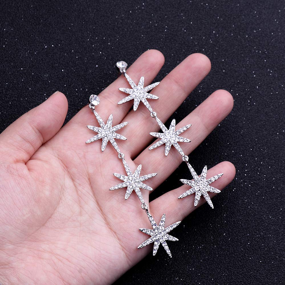 Blingsoul Silver Star Dangle Earrings – Silver Rhinestone Earrings Dangling Style with Hexagram Star Earrings for Women Brides | [J100047] Star Snowflakes | Silver