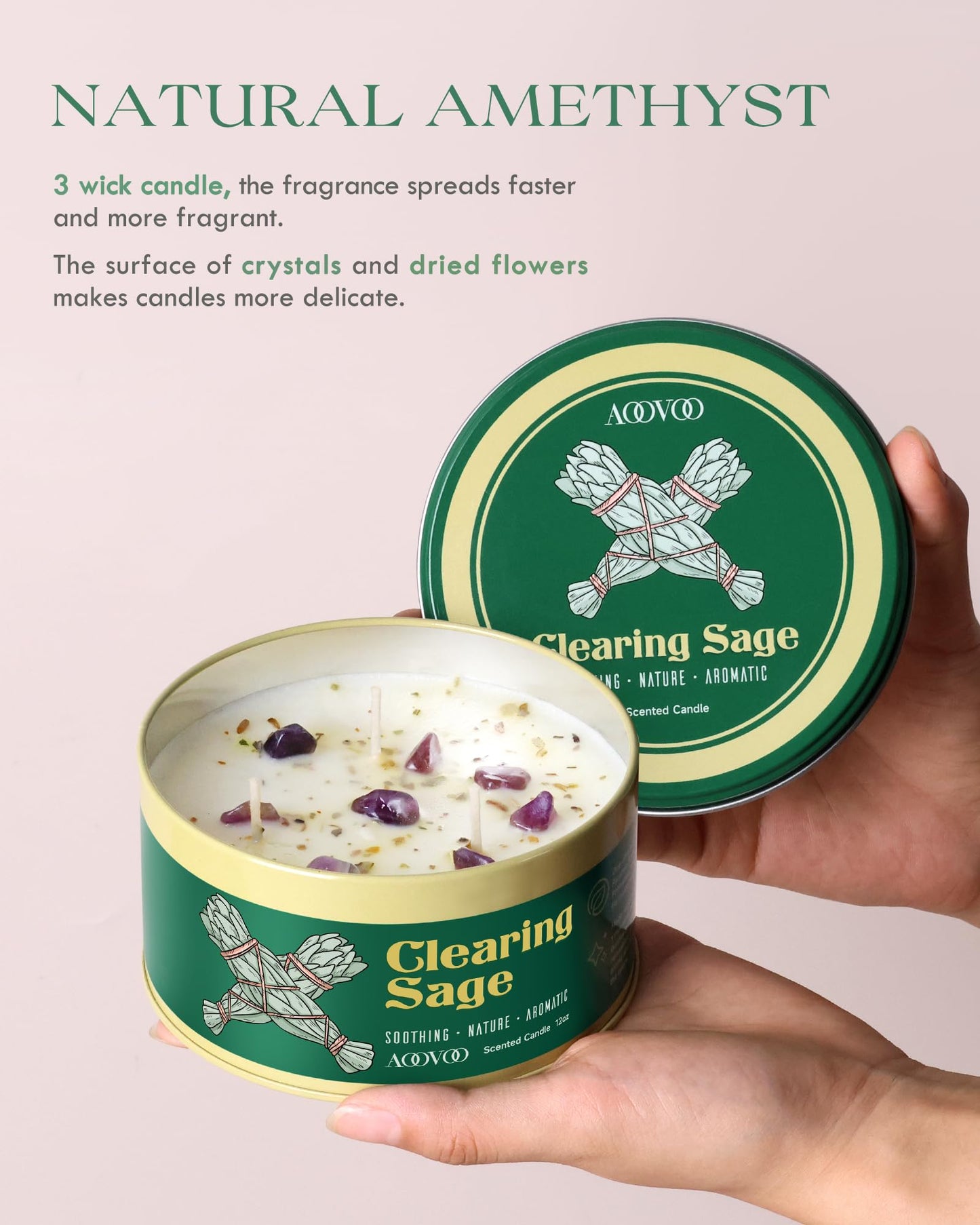 AOOVOO Sage Candle for Cleansing - 3 Wick 12oz Large Scented Candle with Crystals & Sage Leaves Inside, Soy Candles Non Toxic for Meditation Spiritual Gift, Aromatherapy Candle for Women Men