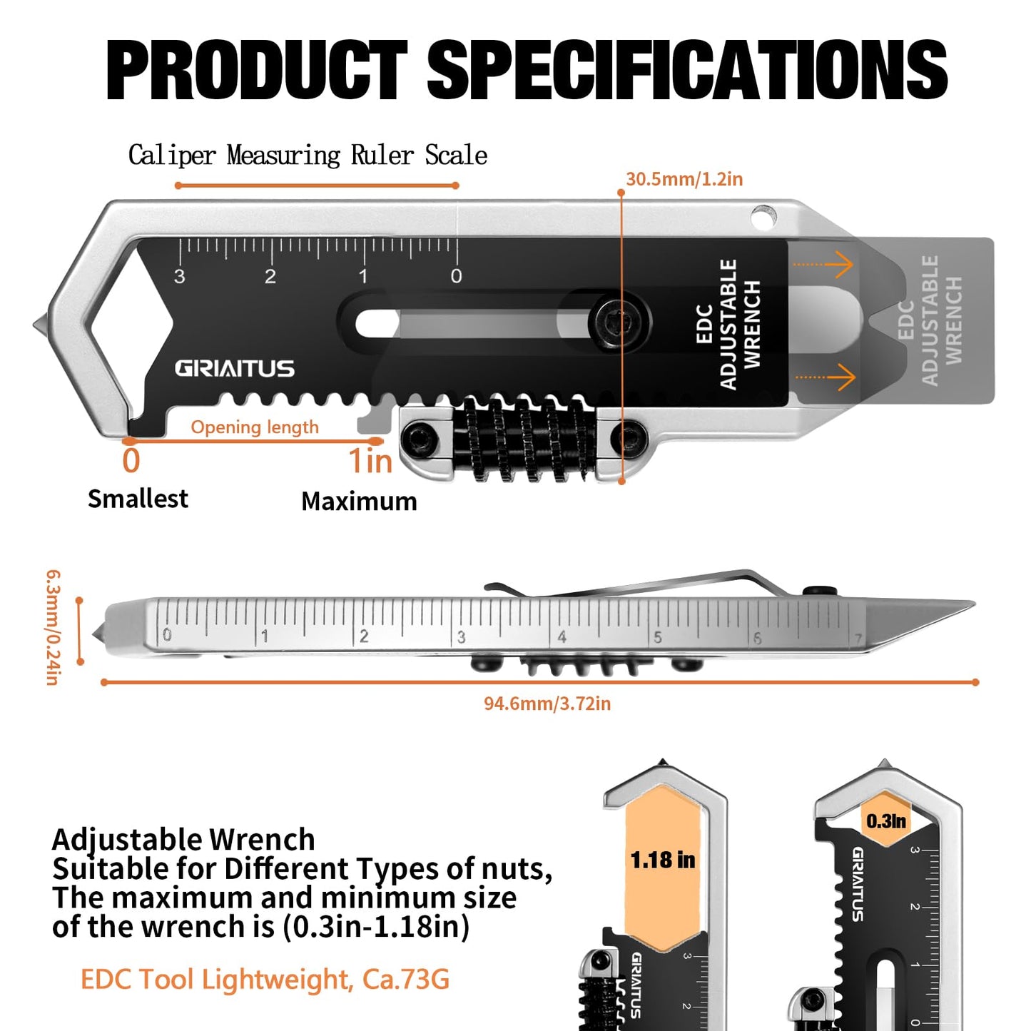 Small Multitool Wrench 9 in 1 Pocket Adjustable Wrench for Screw with Mini Pry Bar Nail Puller Keychain Tool Caliper Measuring Ruler Glass Breaker EDC Gadget Survival Gear for Men Cycling Hiking