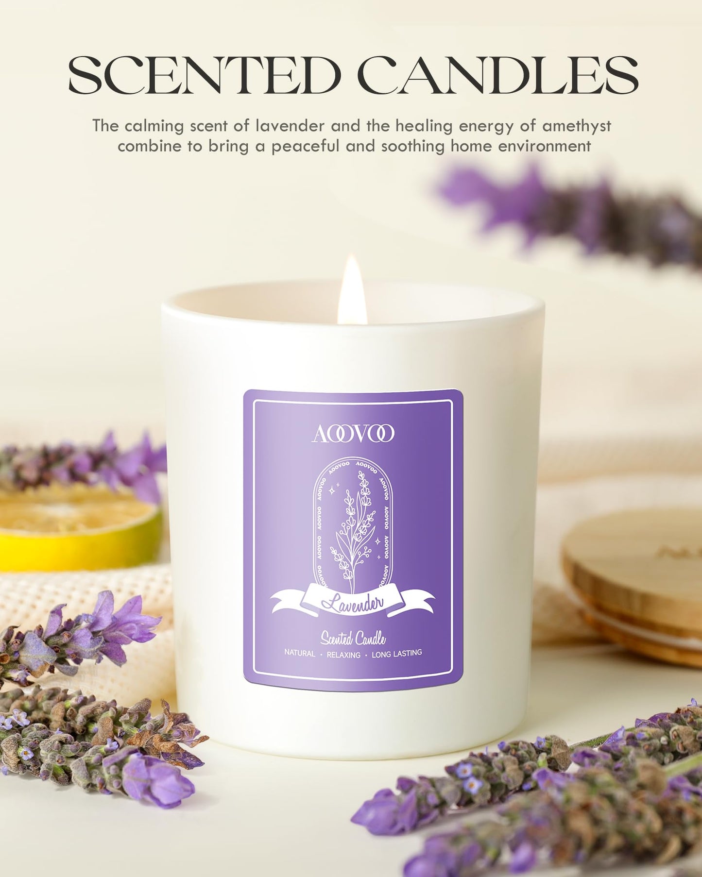 AOOVOO Lavender Scented Candles for Women - Aromatherapy Candle with Crystals Inside, 10oz Soy Candles for Home Scented, Birthday Gifts Mothers Day Candle for Women Mom