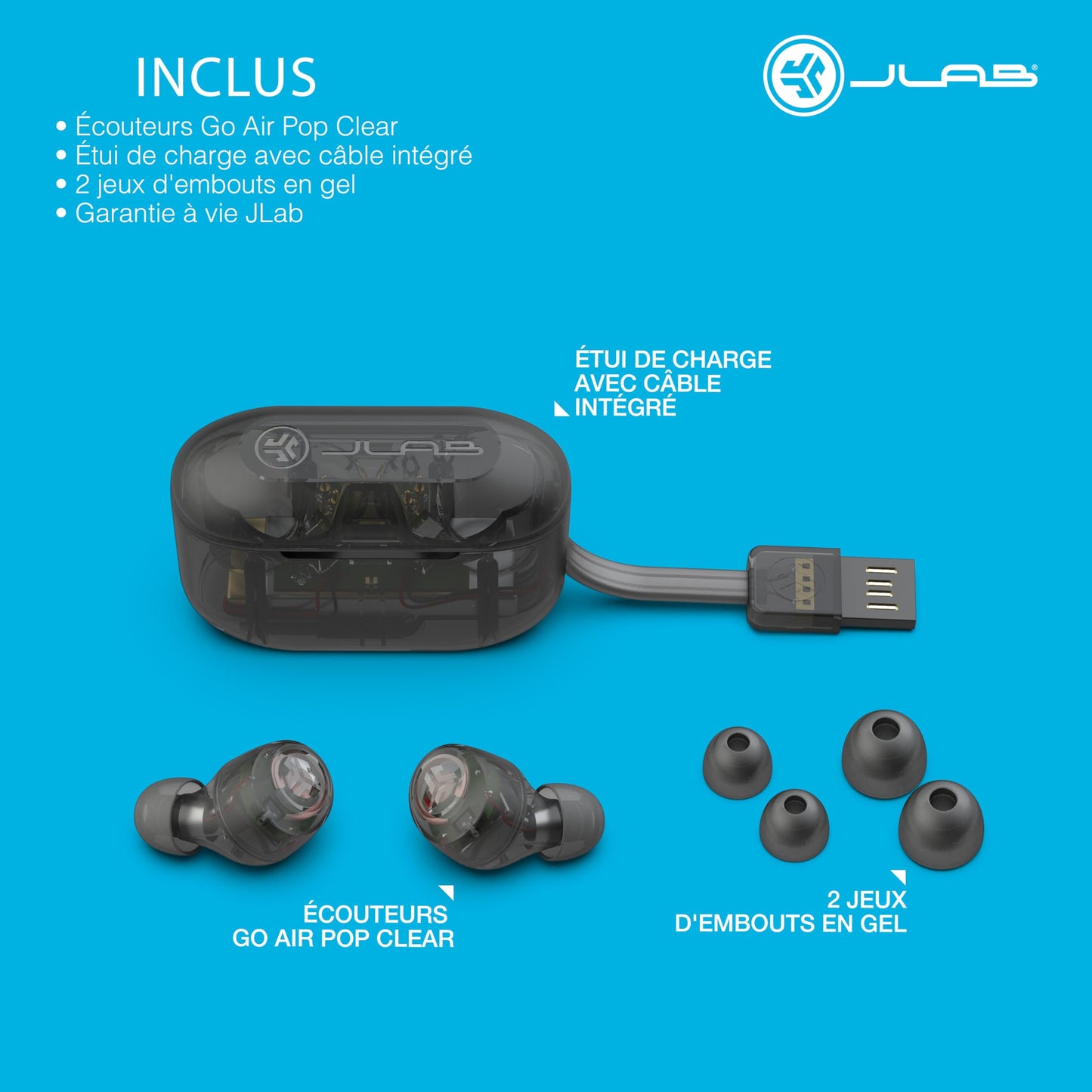 JLab Go Air Pop True Wireless Earbuds, in Ear Headphones, Bluetooth Earphones, Ear Buds with 32H Playtime, Bluetooth Earbuds with Microphone, USB Charging Case, Dual Connect, EQ3 Sound, Clear