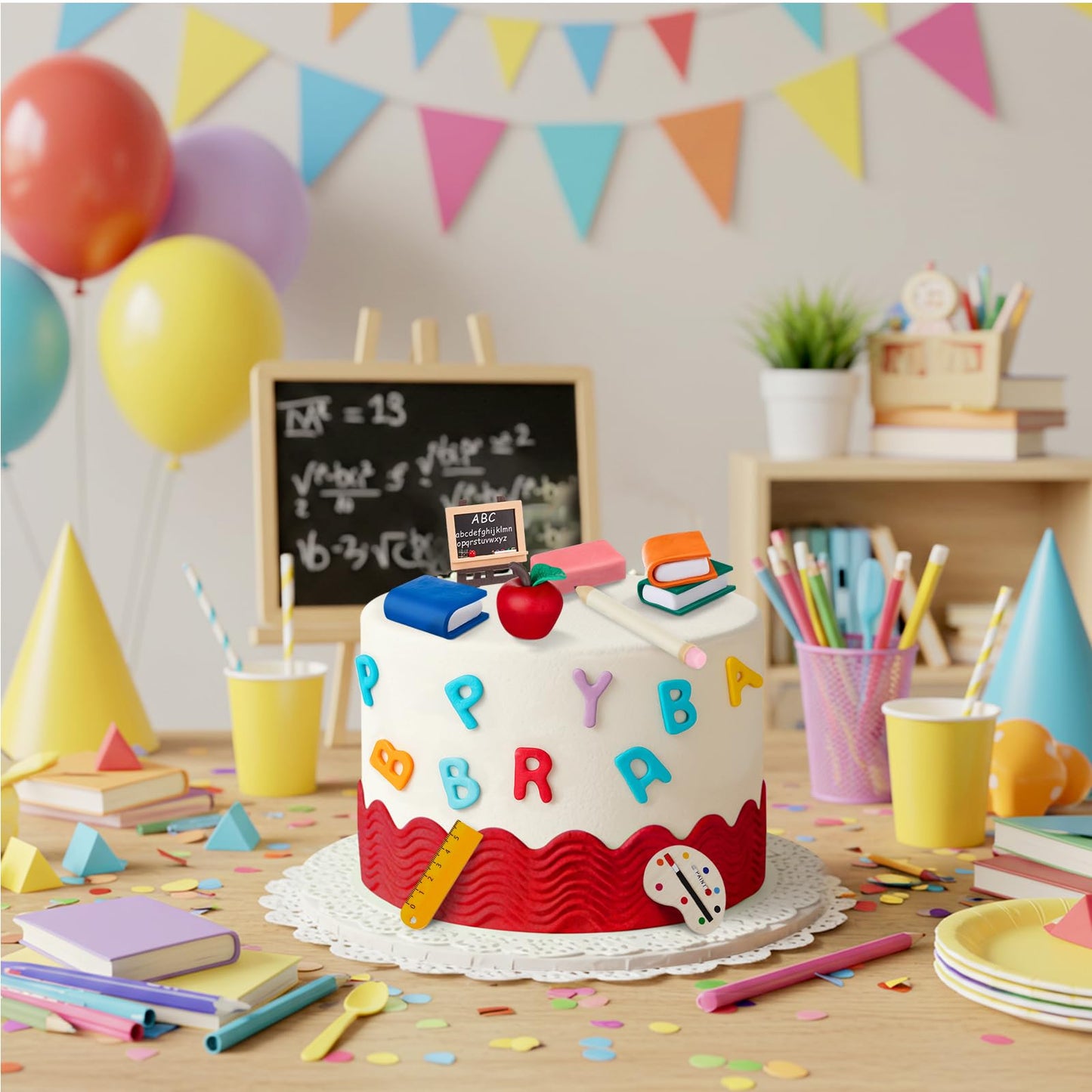 Soulchen 10 Pcs Back to School Cake Decorations First Day of School Cake Topper Apple Easel Book Pencil Stationery Welcome Party favor for Themed Party Supplies