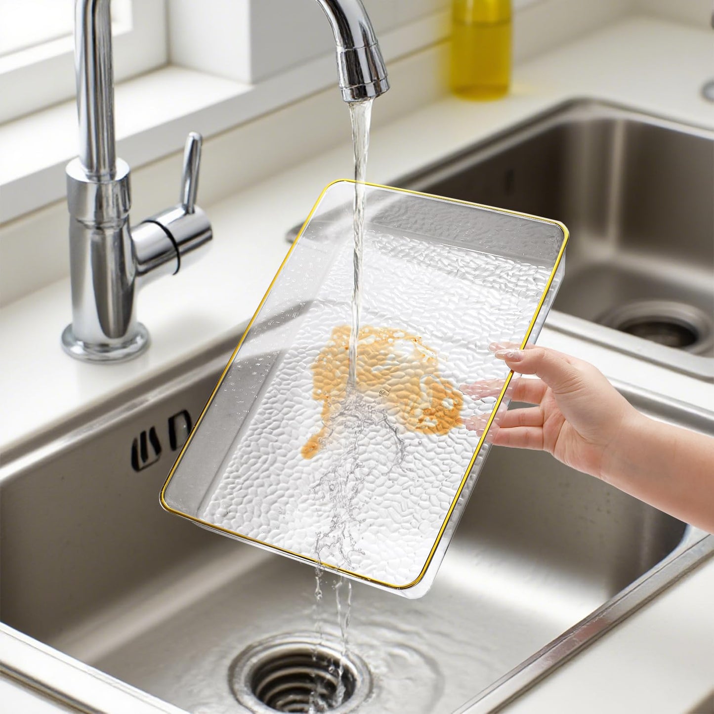 Cididu 4 Pack Clear Serving Trays, Deep Serving Platters Rectangle 12'' x 8'', Decorative Tray with Gold Rim, Reusable Plastic Tray Organizer for Coffee Table Pantry Party Food Display Spill Proof