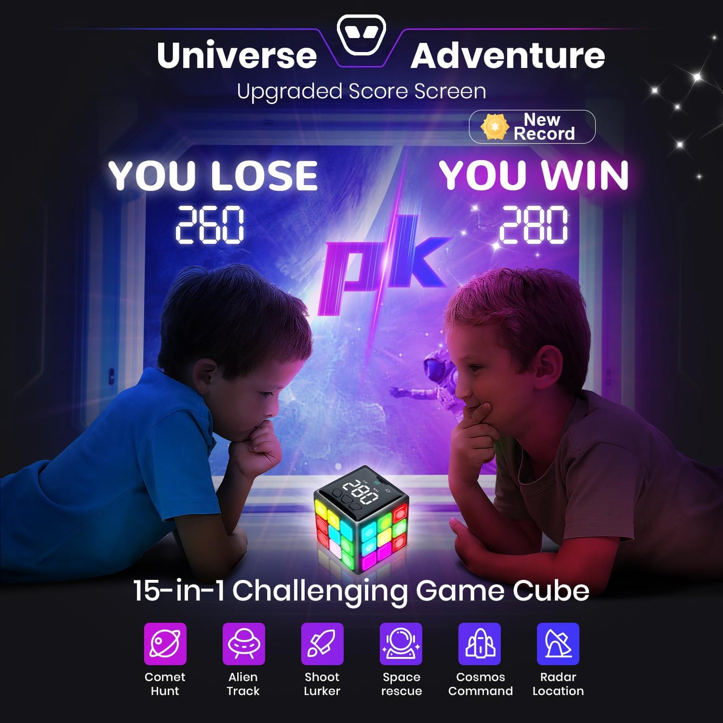 Xinbeiya Rechargeable Game Handheld Cube - 15 Fun Brain & Memory Game with Score Screen - Christmas Easter Birthday Gifts for Boys Girls Ages 6-12+ Years Old - Toy Gift Idea for Kids Teens (Black)