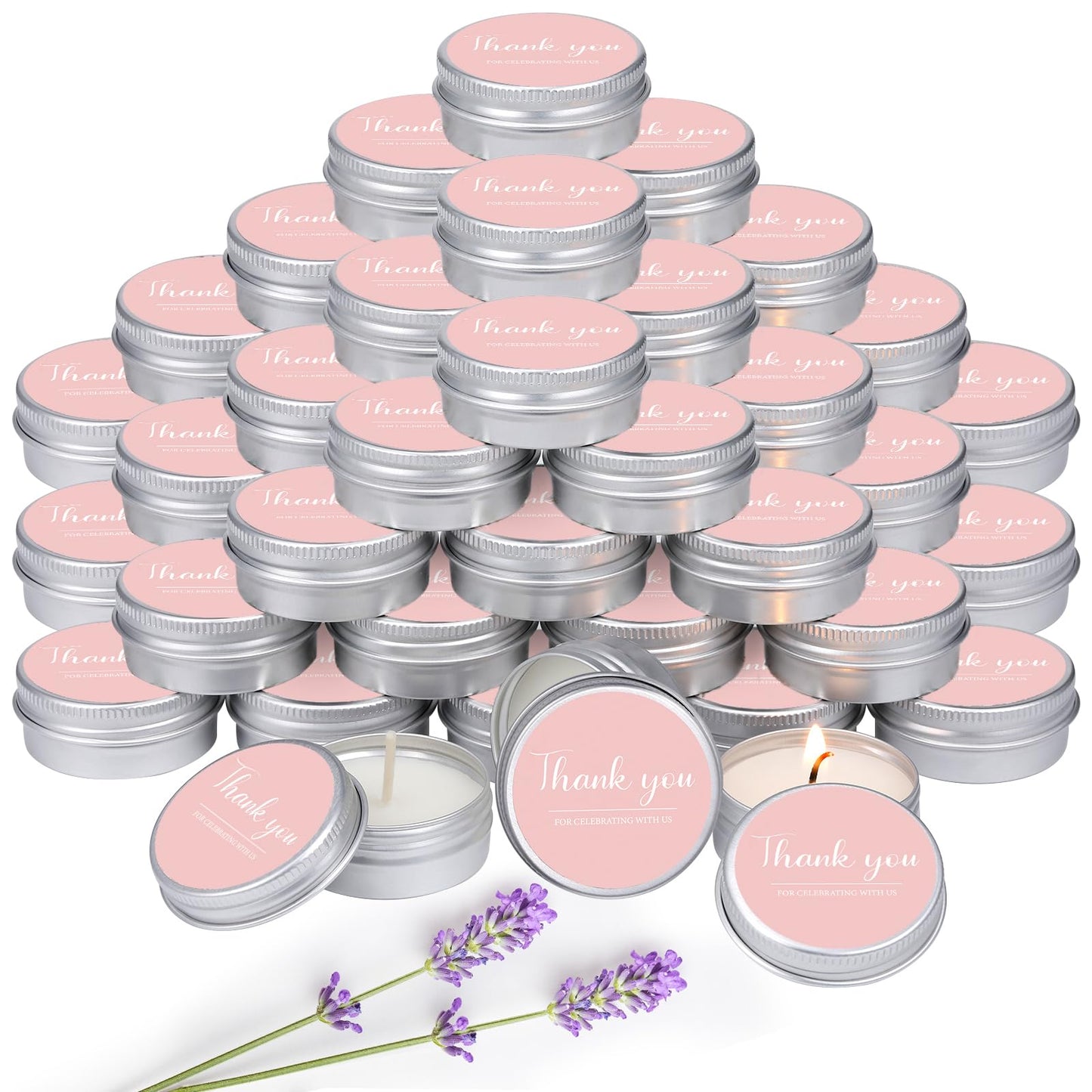 MTLEE 50 Pcs Thank You Candles Gift Wedding Favors Baby Shower for Guests 1 oz Lavender Scented Soy Wax Candle Aromatherapy Candle Favors for Bridal Baby Shower(Pink,Thank You)