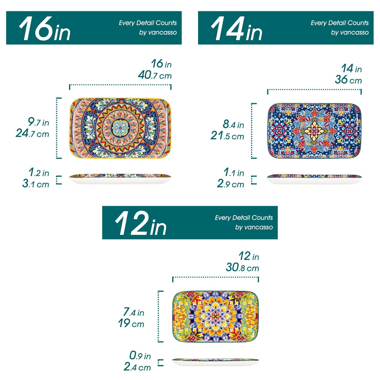 vancasso Serving Platters Set of 3, 16"/14"/12" Inch Rectangular Trays - Serving Platter Extra Large, Bohemian Ceramic Serving Dish for Entertaining Food, Microwave & Dishwasher Safe, Vintage