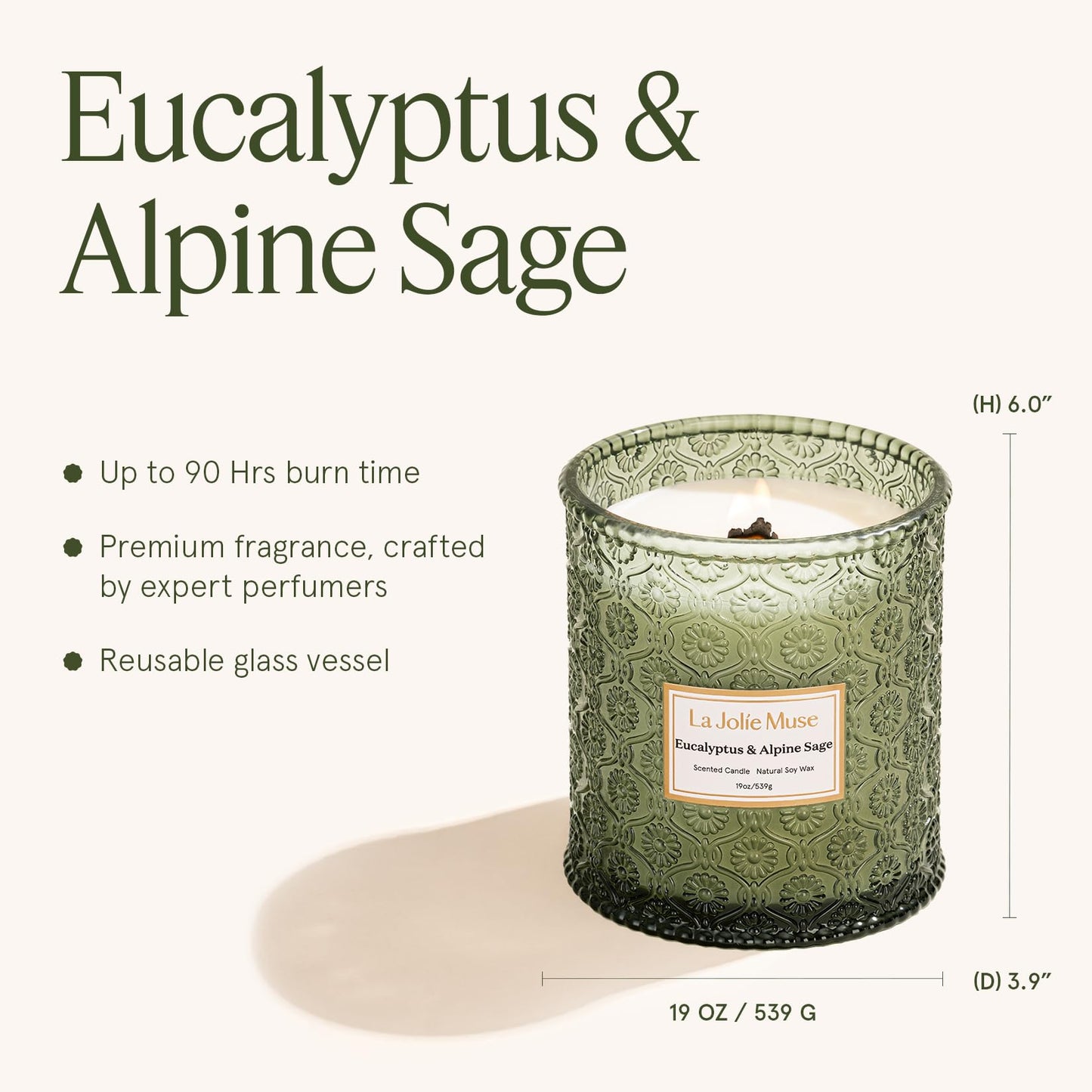LA JOLIE MUSE Scented Candles Eucalyptus & Alpine Sage, 19 oz Large Wood Wicked Candle, Decorative Candles in Glass, Natural Soy Wax, 90 Hours Long Burning