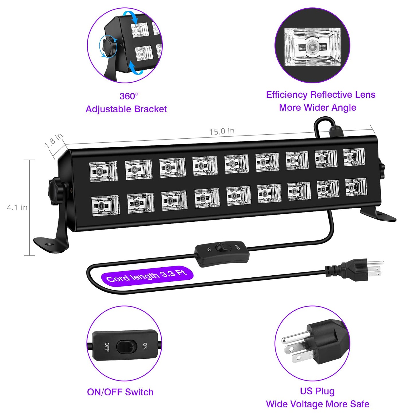 Black Light Bar Glow Party - 54W 18LEDs Powerful UV Black Light Glow in The Dark Party Supplies for Blacklights Party Body Paint Birthday Music Dance Nightclub Halloween Christmas Stage Lighting