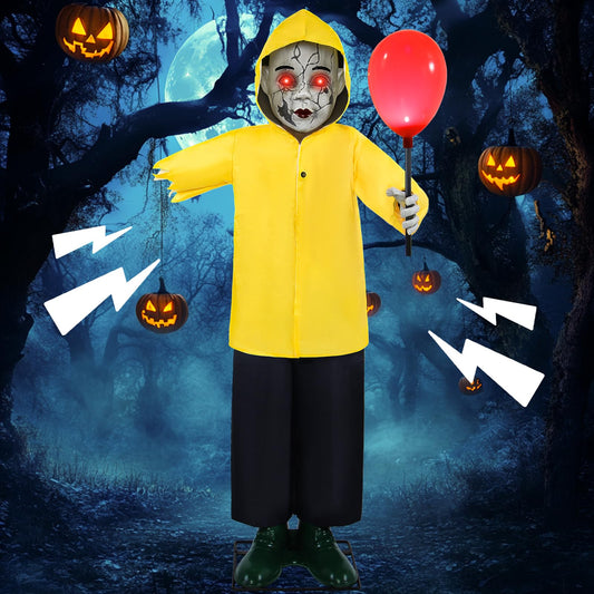 Wabolay Halloween Animatronics Decorations 4FT Outdoor Scary Life Size Boy Animated Props with Creepy Sound Activated Glowing Red Balloon Decor for Home Indoor Outside Yard Lawn Haunted Grave Party