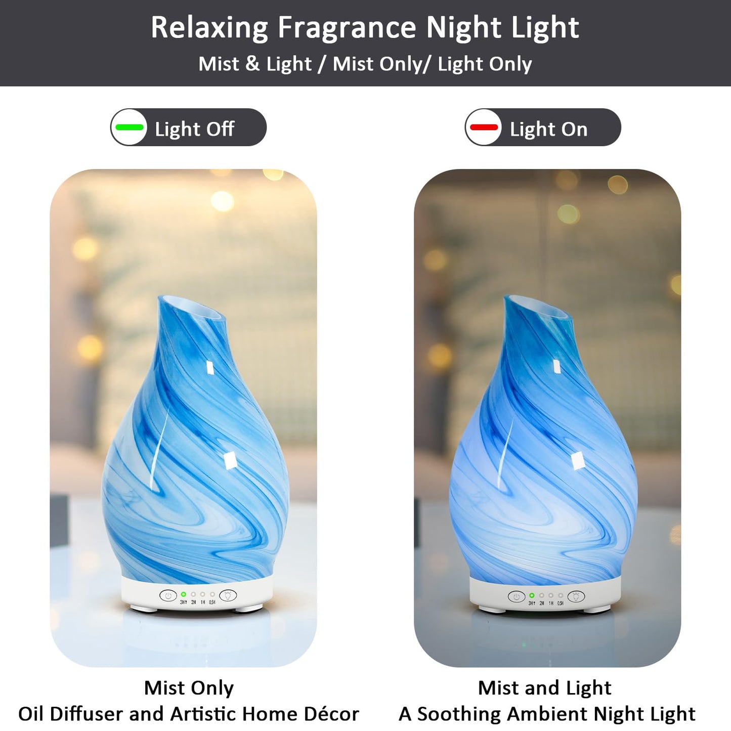Art Glass Essential Oil Diffuser 120ml - Aromatherapy Diffuser with 7 Color Changing Lights & 4 Timer Settings, Cool Mist Humidifier for Home, Office, Gift for Women, Mom