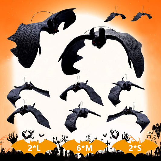 Supersfel Halloween Hanging Bats Decorations, 10 pcs Creepy Flying Rubber Bats Decor for Outdoor & Indoor, Realistic Looking Spooky Bats for Halloween Party Supplies Prank Toy Haunted House Decoration