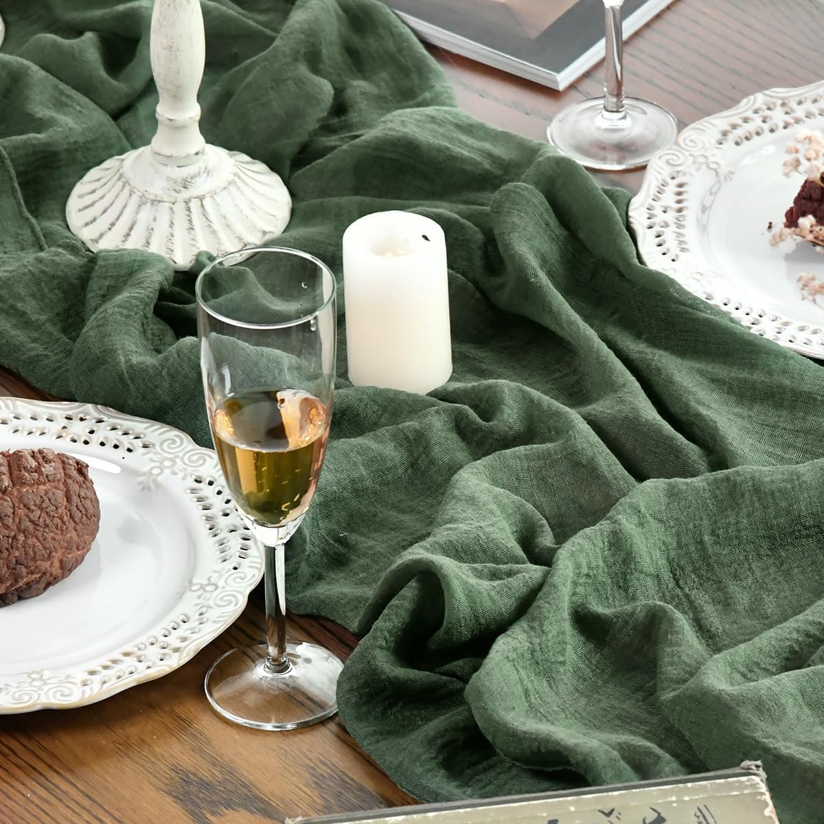 Artoid Mode Boho Forest Green Gauze 3 Pieces Wedding Table Runner, 120 Inch Birthday Fabric Kitchen Dining Holiday Table Decor for Home Party Indoor