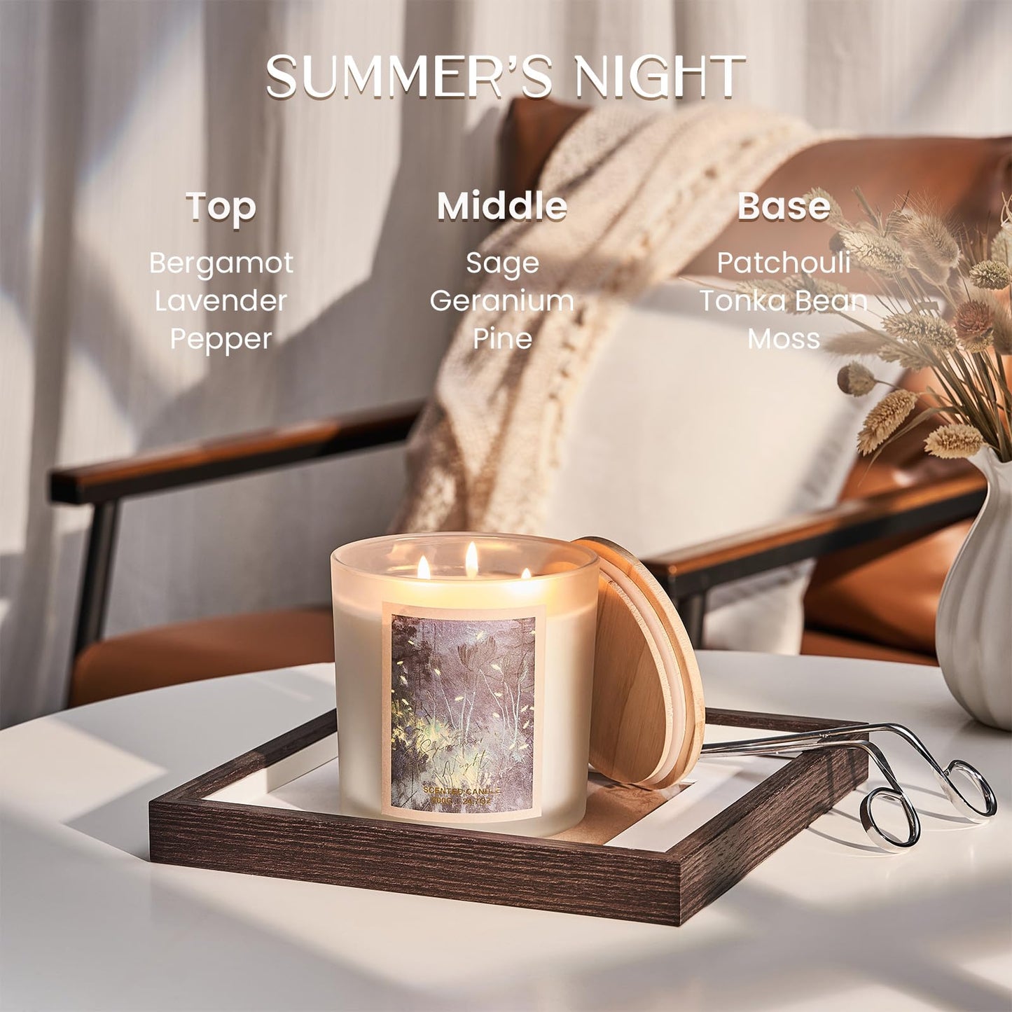M&SENSE Large-Sized 3 Wick Summer's Night Calming Scented Candle, 24.7oz Soy Wax with Wooden Lid | 120 Hours Long Lasting Burn, Natural Jar Candle Gift for Stress Relief, Meditation, Relaxing SPA