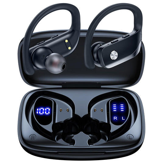 bmanl Wireless Earbuds Bluetooth Headphones 48hrs Play Back Sport Earphones with LED Display Over-Ear Buds with Earhooks Built-in Mic Headset for Workout Black