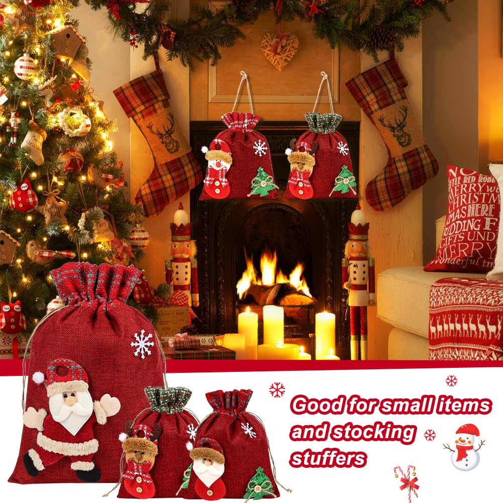 HRX Package 3D Christmas Gift Bags, 16x11 10.5x8 inch Xmas Drawstring Wrapping Bags Pouches for Holiday Goodie, Presents, Stocking Stuffers (5pcs)