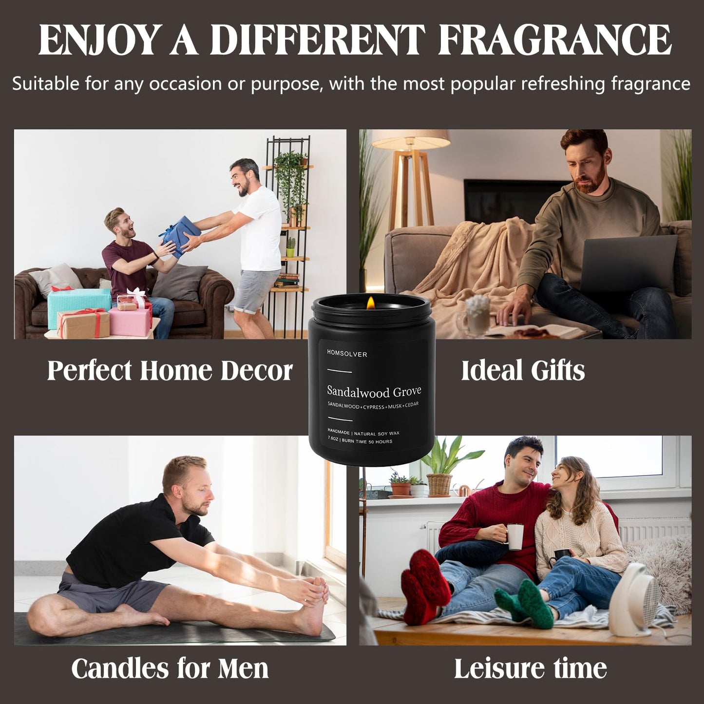 Homsolver Set of 4 Scented Candles for Home Decor, Candle Gifts for Dad Men Him, 200Hours Burn Tine, Vanilla, Lavender, Sandalwood, Eucalyptus Scented with Black Jar