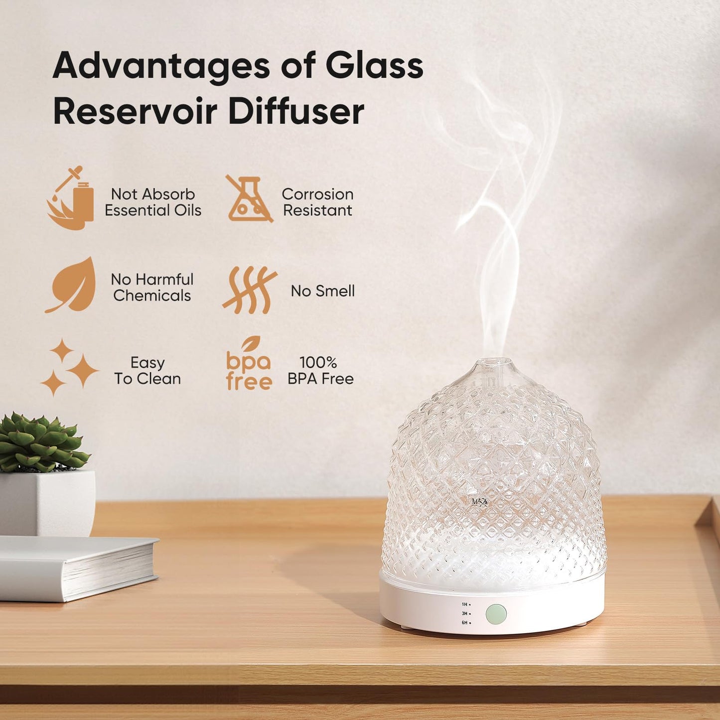 Lecdura Glass Essential Oil Diffuser, 200ml Ultrasonic Aroma Diffusers with Glass Reservoir Dome & White Plastic Base Lock Color Auto-Off Timer 7 Color Light for Home Office Bedroom Yoga