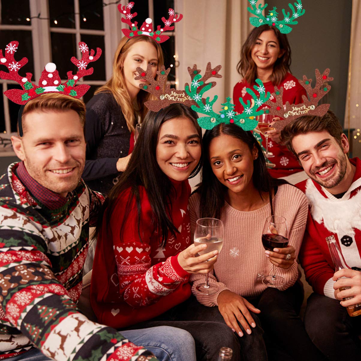 FRCOLOR 6 Pieces Christmas Reindeer Antlers Headbands Reindeer Antler Hair Hoop Headpiece for Christmas Party Holiday Favors