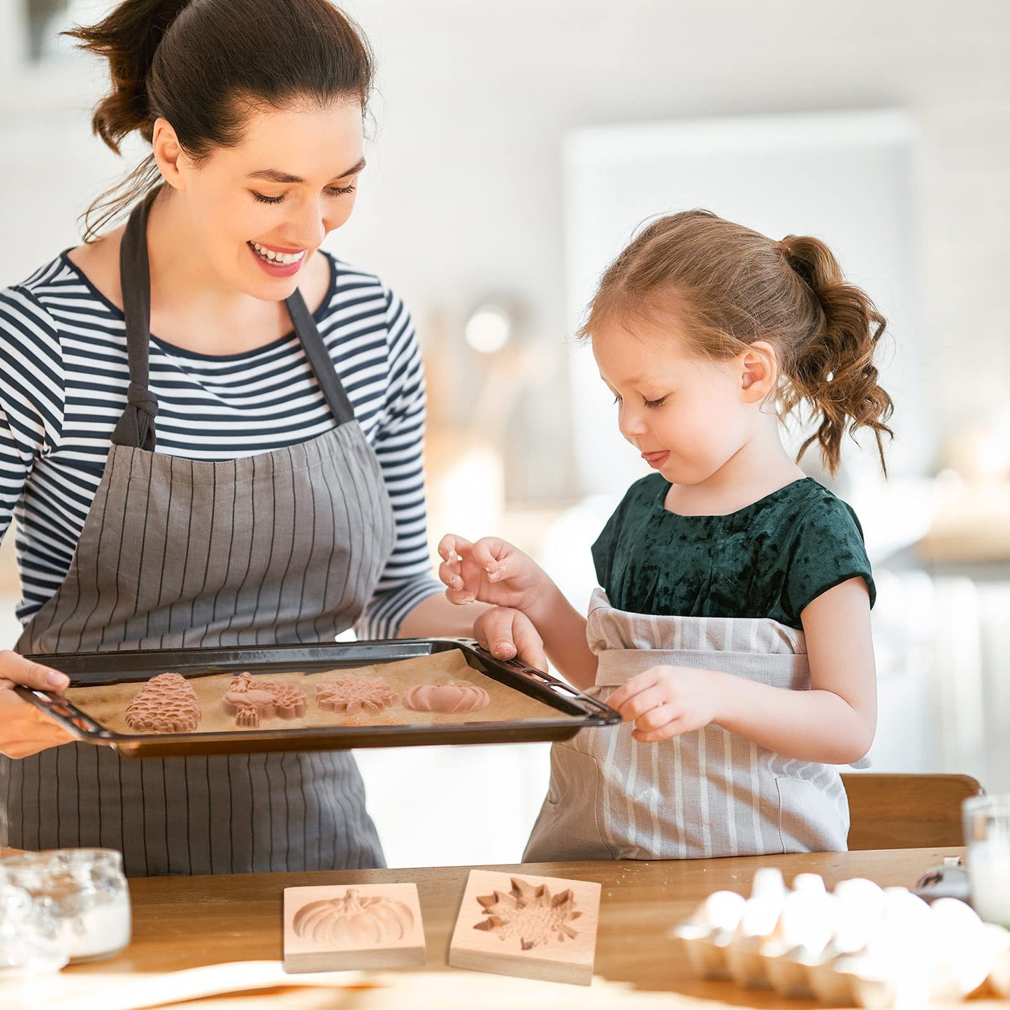 eBoot 4 Pcs Thanksgiving Cookie Molds Carved Wooden Cookie Press Embossing Cookie Cutter Funny 3D for Kitchen Baking DIY, 4 Styles
