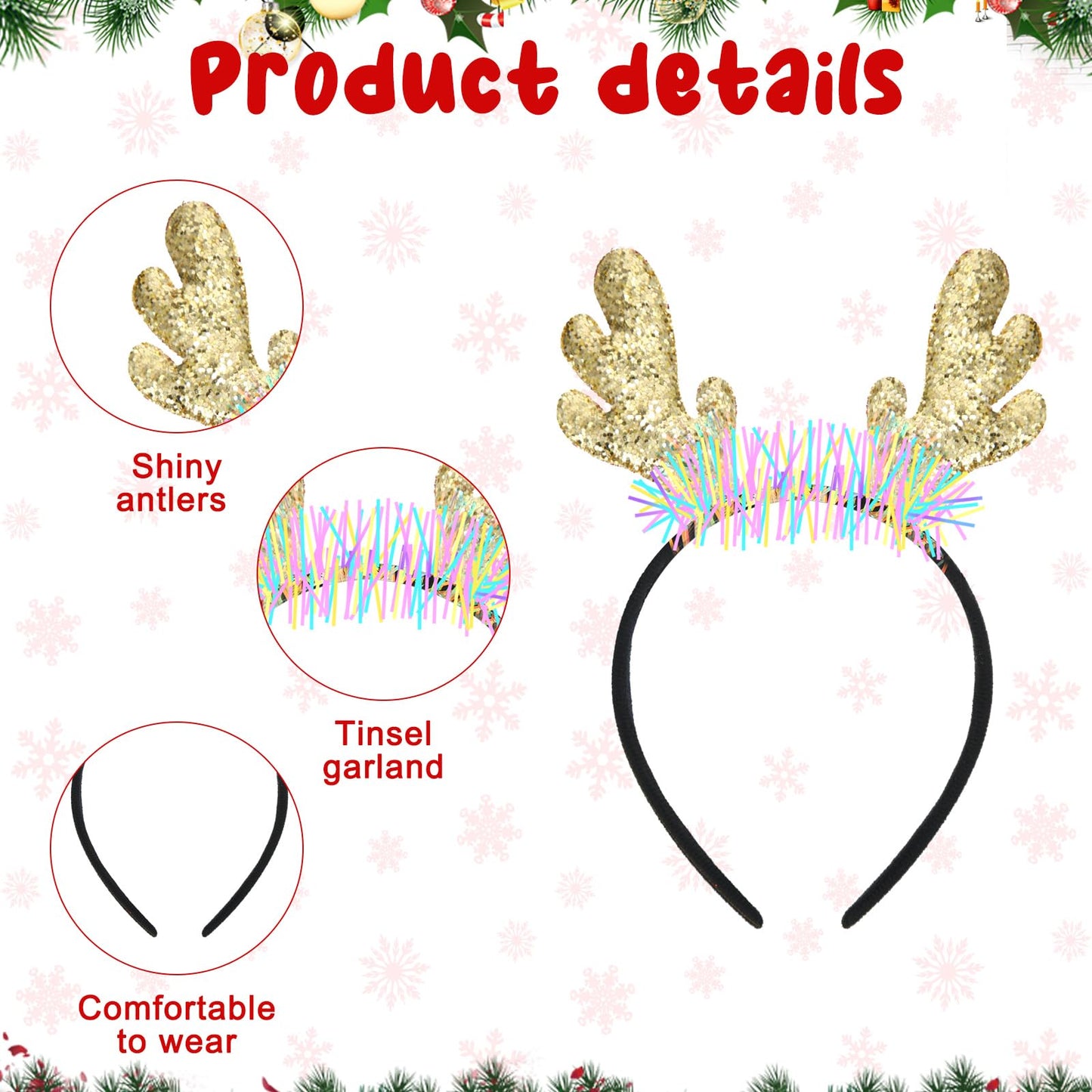 Riceshoot 30 Pcs Christmas Reindeer Antlers Headband Bulk Deer Antlers Headbands with Ears Deer Costume for Women Christmas Party Favors Halloween Supplies