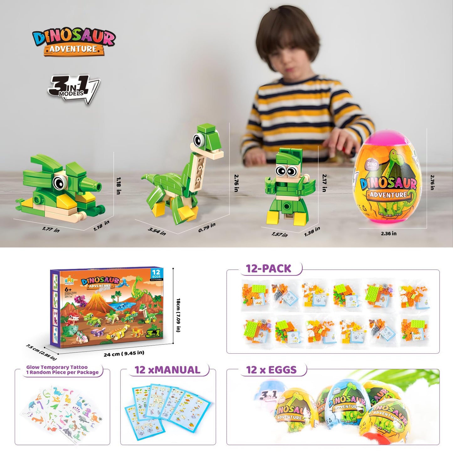 Dinosaur Party Favors for Kids – 12 Dino Eggs with Building Toy Set, Includes Glow-in-the-Dark Tattoos, 3-in-1 Models, Christmas & Birthday Gift, Goodie Bag Filler, Stocking Stuffer, Boys & Girls 6+