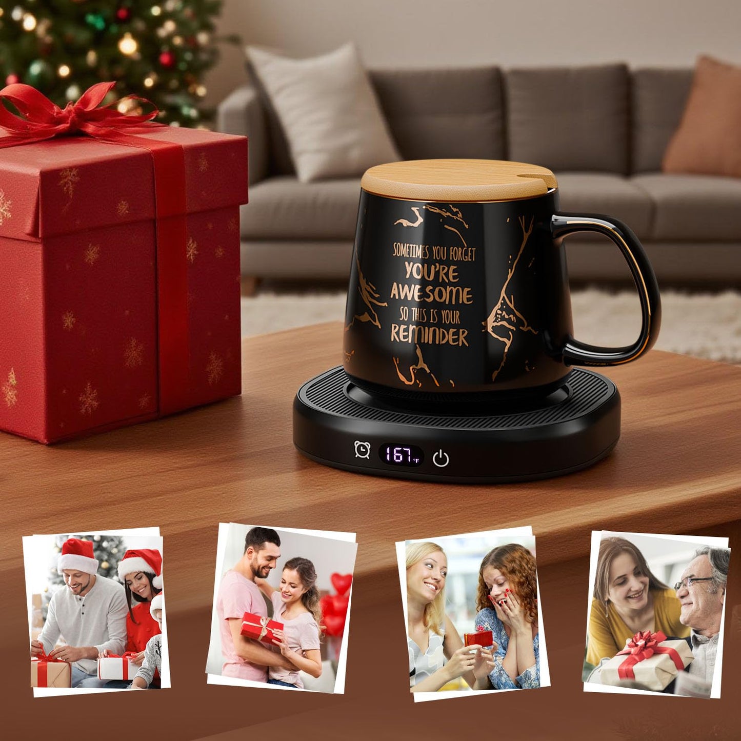Coffee Mug Warmer, You are Awesome Mug with Coffee Warmer Set, Electric Coffee Cup Warmer for Desk 8H Auto Shut Off, Tea Beverage Warmer with 4 Temperature Setting, Birthday Christmas Women Man Gifts