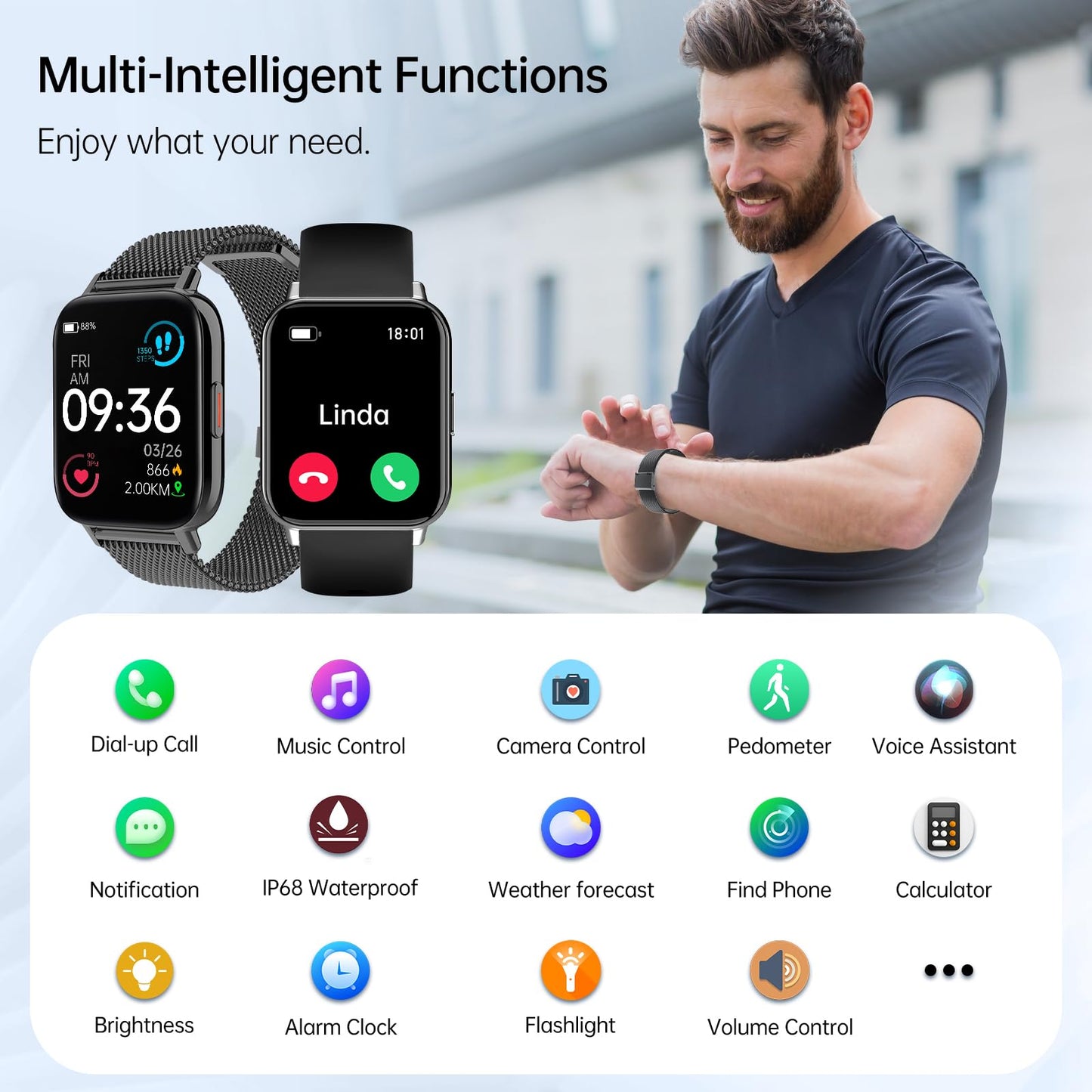 Smart Watch for Women Men(Answer/Dial Calls) 1.85" HD AI Voice Smartwatch with Fitness Tracker/Step Counter/Heart Rate Sleep Monitor, 120+ Sports Modes, IP68 Waterproof for Android/iOS Black 2 Bands