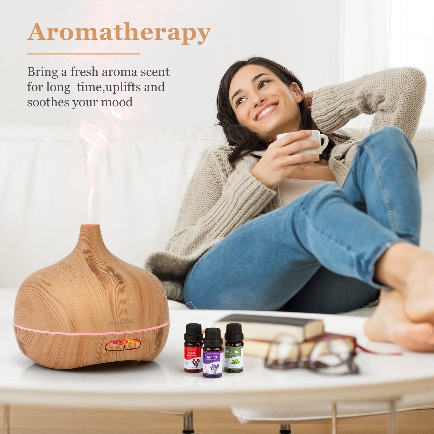 Essential Oil Diffuser Aromatherapy Diffusers: 550ml Ultrasonic Cool Mist Large Aroma Scent Essential Oils Diffuser Waterless Shut Off for Bedroom Home Office Living Room Wood Grain