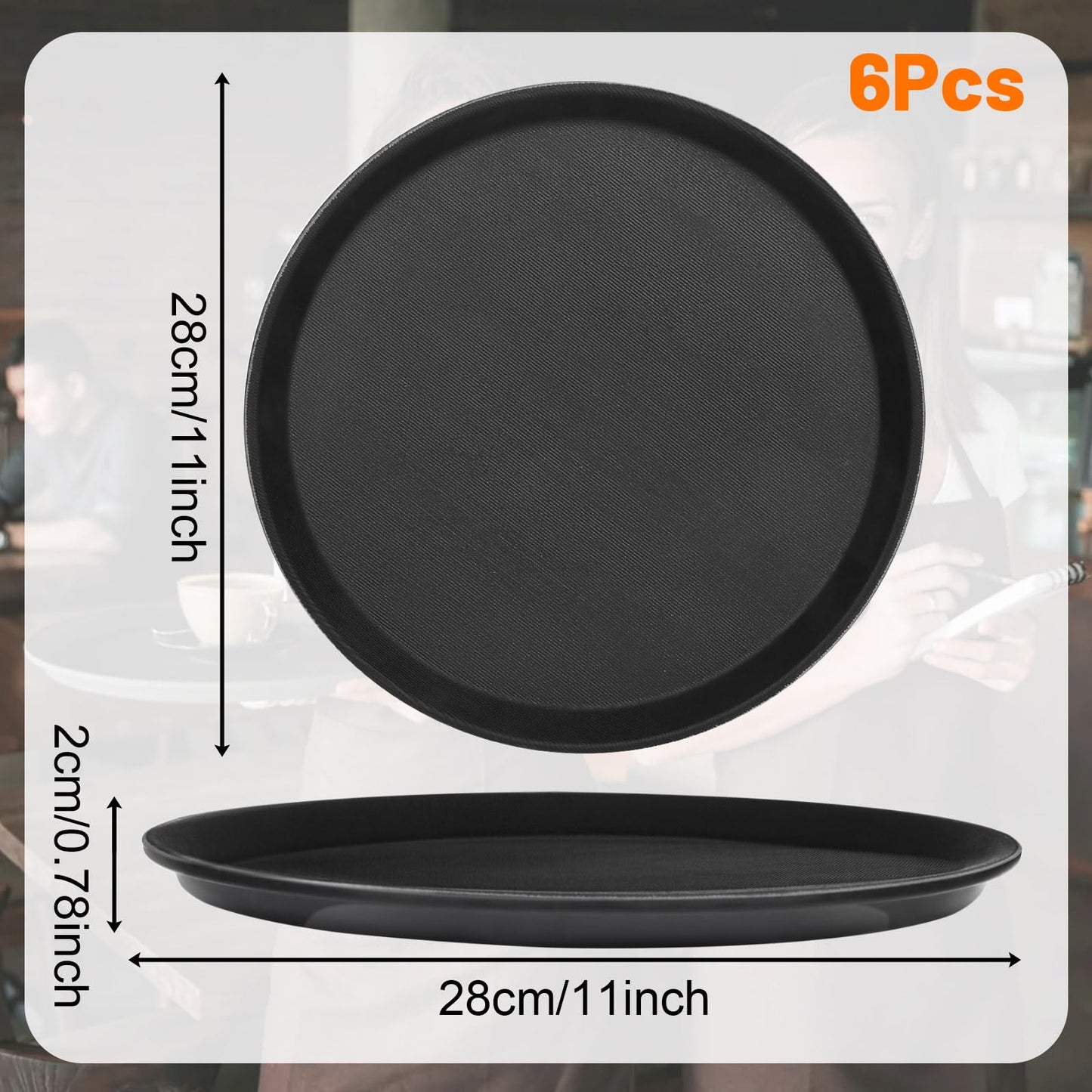 6 Pieces Restaurant Serving Tray, Non Slip Surface Round Tray Plastic Food Meals Server with Raised Edges for Home, Kitchen, Restaurant, Cafeteria, Bar, Hotel (Black, 6 Pcs 11 Inch)