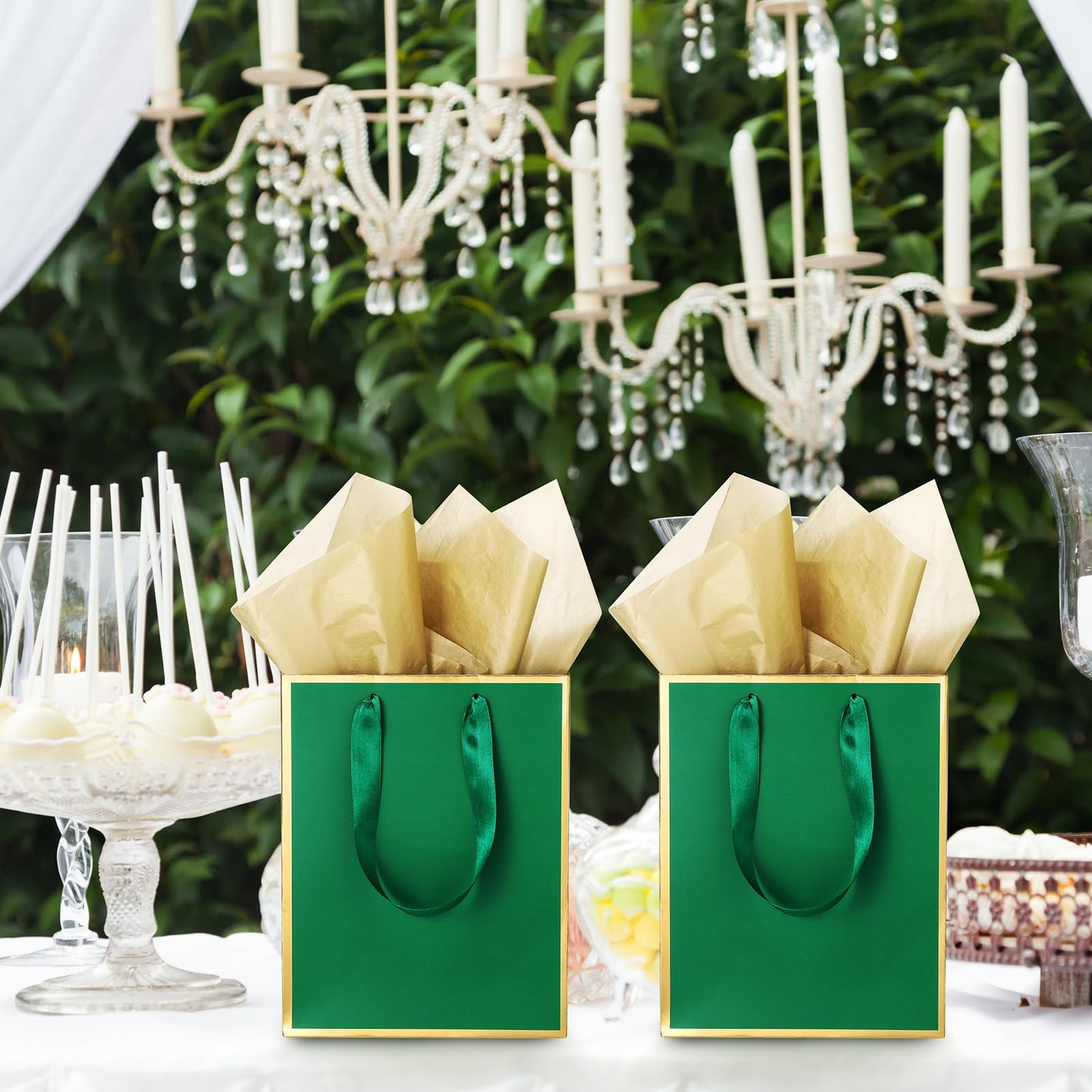 Yeaqee 24 Pack Metallic Paper Gift Bags with Handle and Tissue 9x7x3.1 Gold Foil Welcome Favor Bags Return Gifts for Wedding Fall 5 Senses Christmas Bridesmaid Birthday(Green Gold)