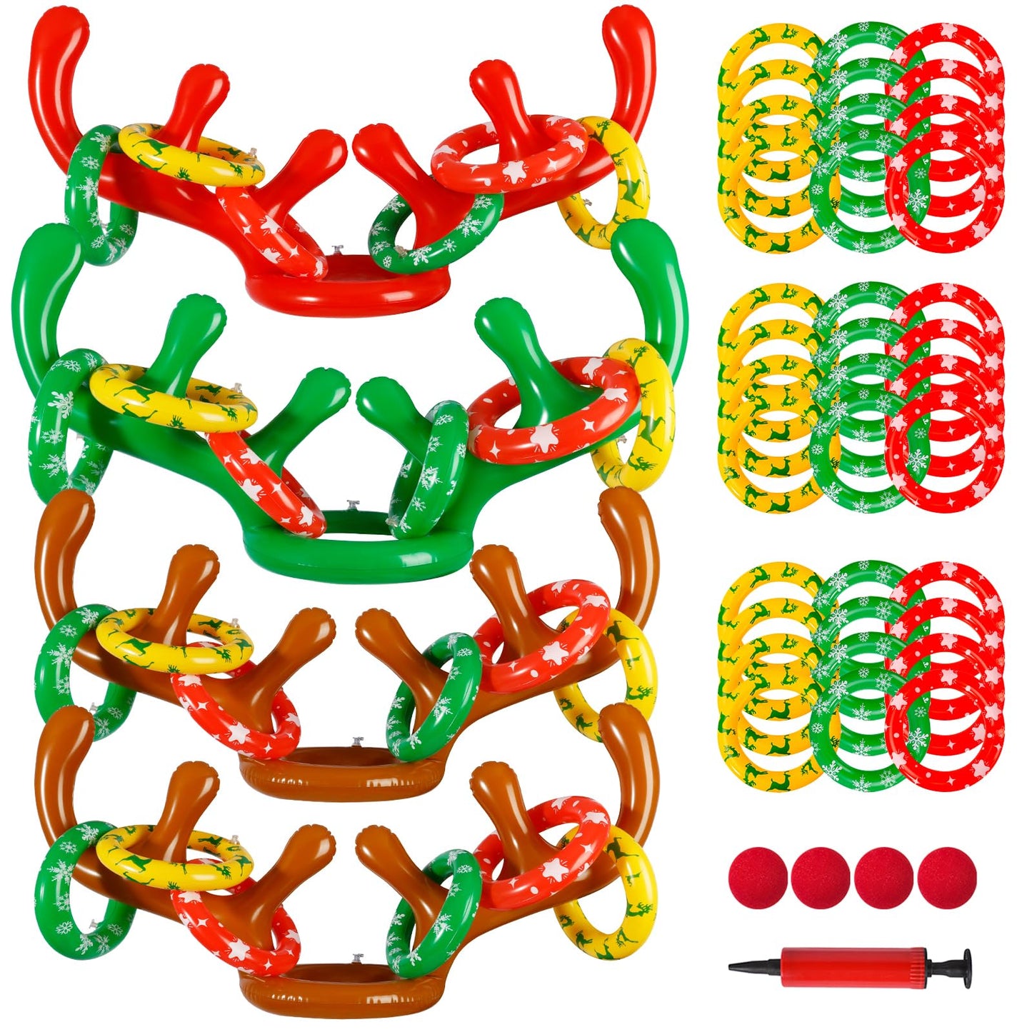 Max Fun 4 Pack Inflatable Reindeer Antler Ring Toss Games Indoor Outdoor Christmas Party Games Party Favors, 4 Anlters & 24Rings