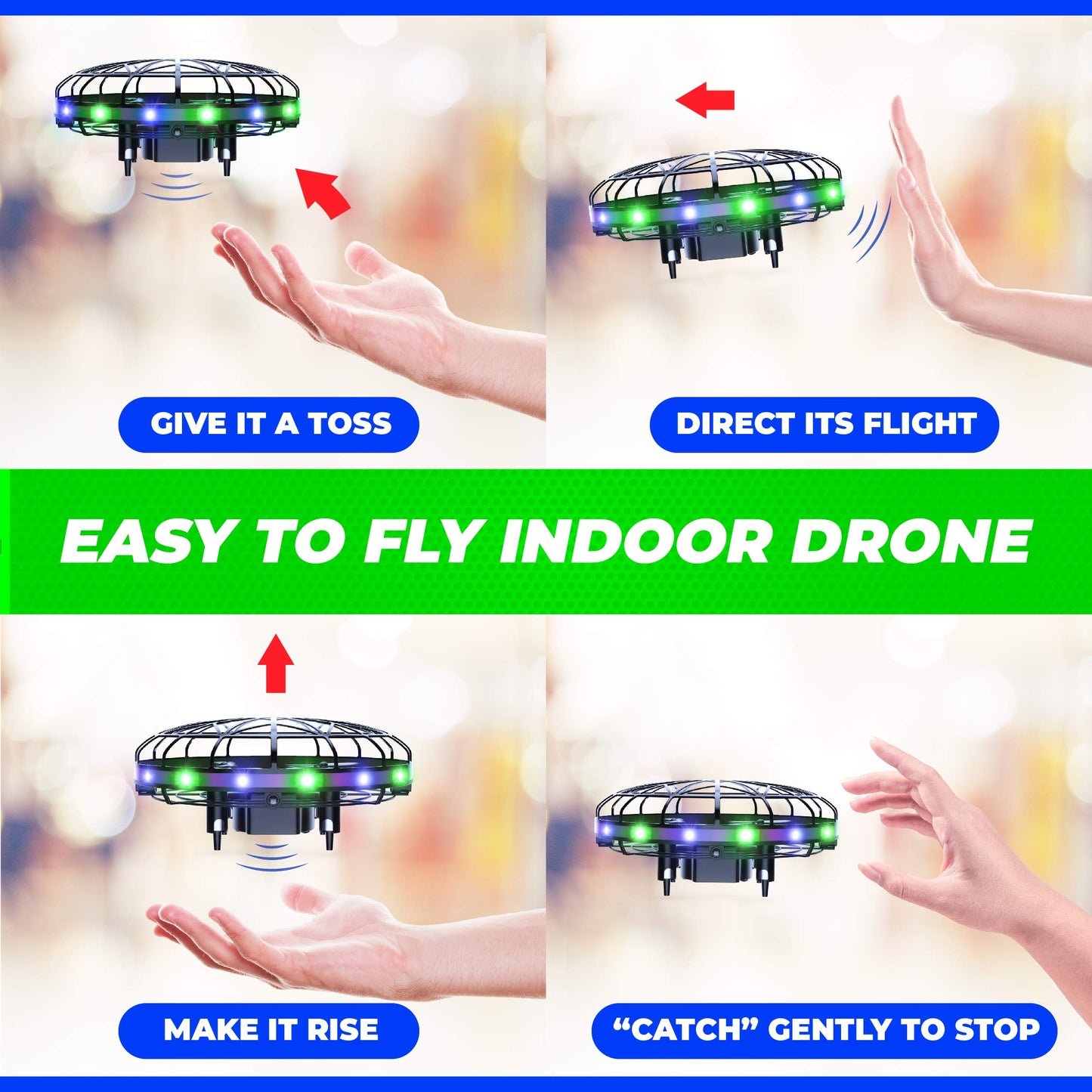 Force1 Scoot LED Hand Operated Drone for Kids or Adults - Hands Free Motion Sensor Mini Drones, Easy Indoor Flying Orb Ball Small UFO Toy for Boys and Girls (Green/Blue)