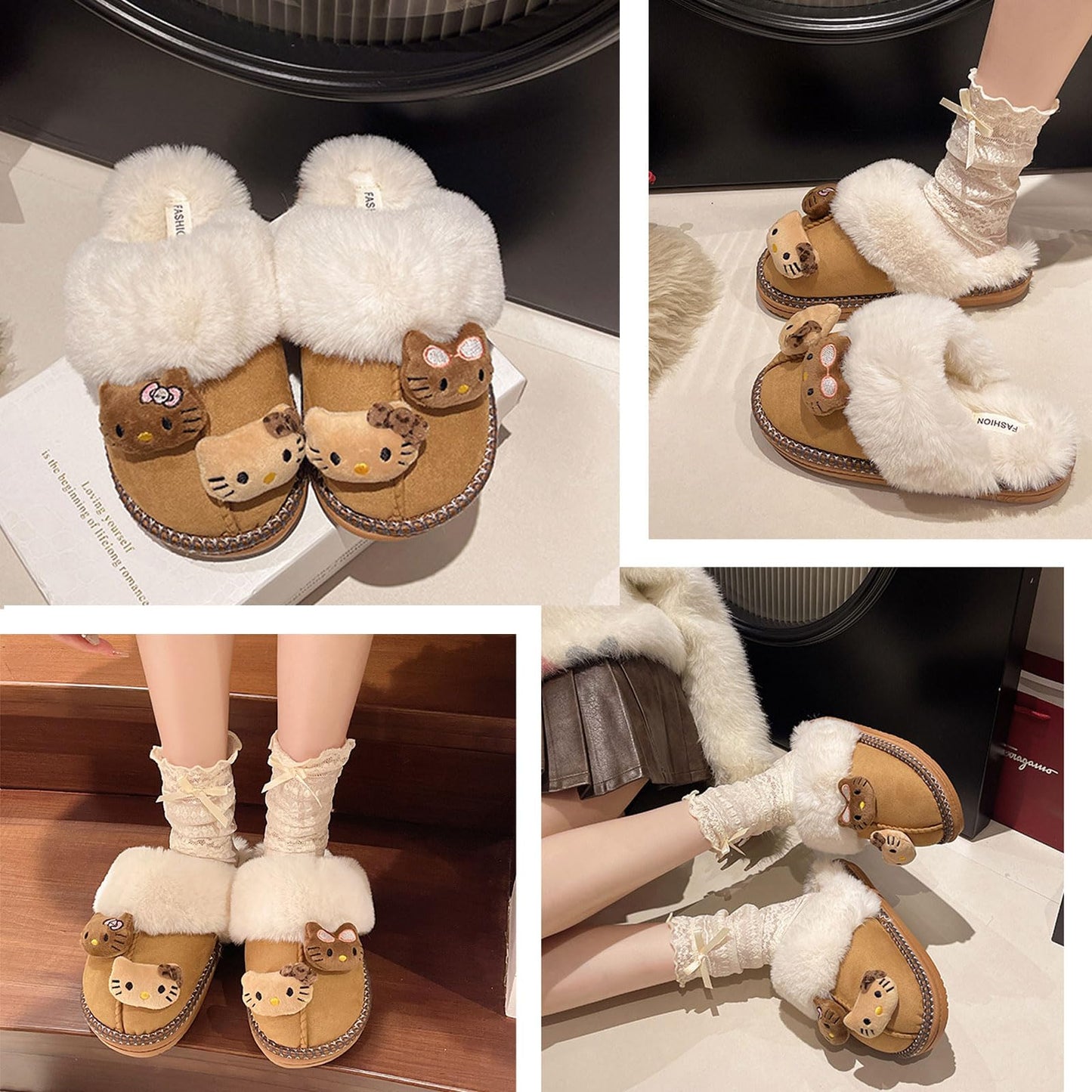 Wauoemy Fuzzy Slippers for Women Girls,Cute Fluffy House Shoes Warm Christmas Birthday Gift for Daughter Wife Girlfriend Bestie Brown 5.5