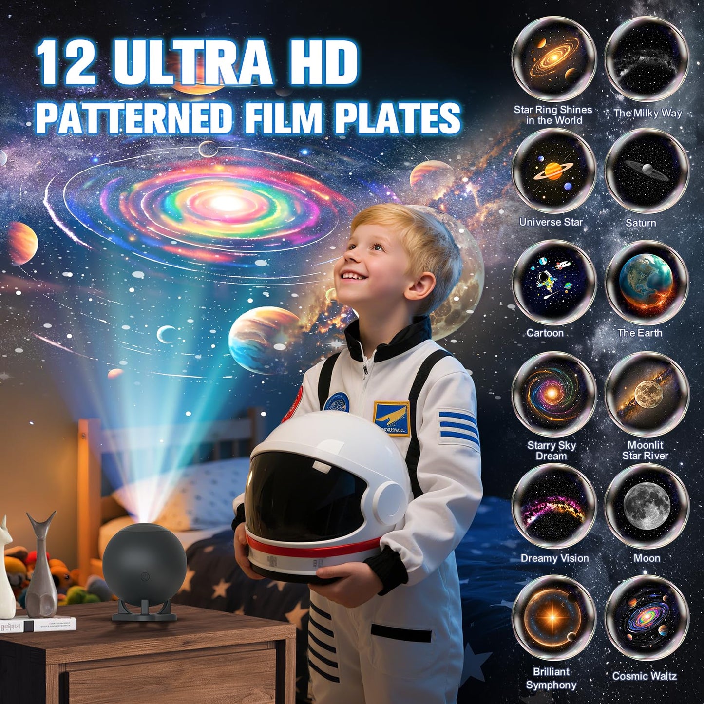 Planetarium Projector for Bedroom, 12 Image Discs, Galaxy Projector Star Night Light, Ceiling Mood Lighting, LED Space Galaxy Lamp, Kids Adults Room Decor