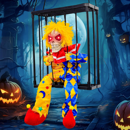 MGparty Halloween Screaming Animated Decorations Halloween Decor Prop with Motion Sensor Scary Skull Cage Prisoner Spooky Hanging Ghost Light Up Eyes