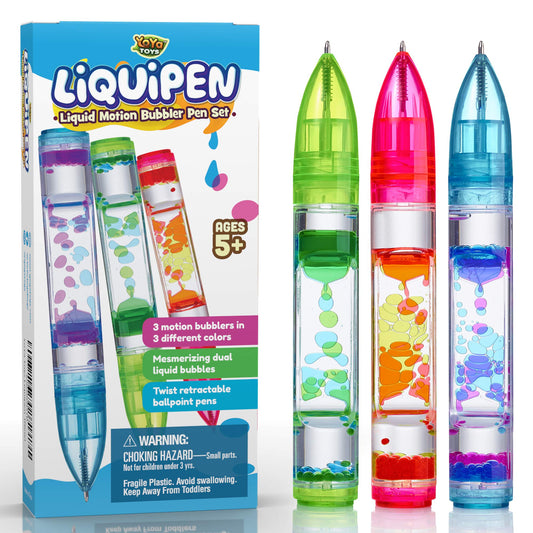 YoYa Toys Liquipen - Liquid Motion Bubbler Pen Toy (3 Pack) - 3 Colors - Colorful Timer Pens for Focus, Stress & Anxiety Relief - Fun Desk Fidget Toy for School & Office - Great Gift for Kids & Adults
