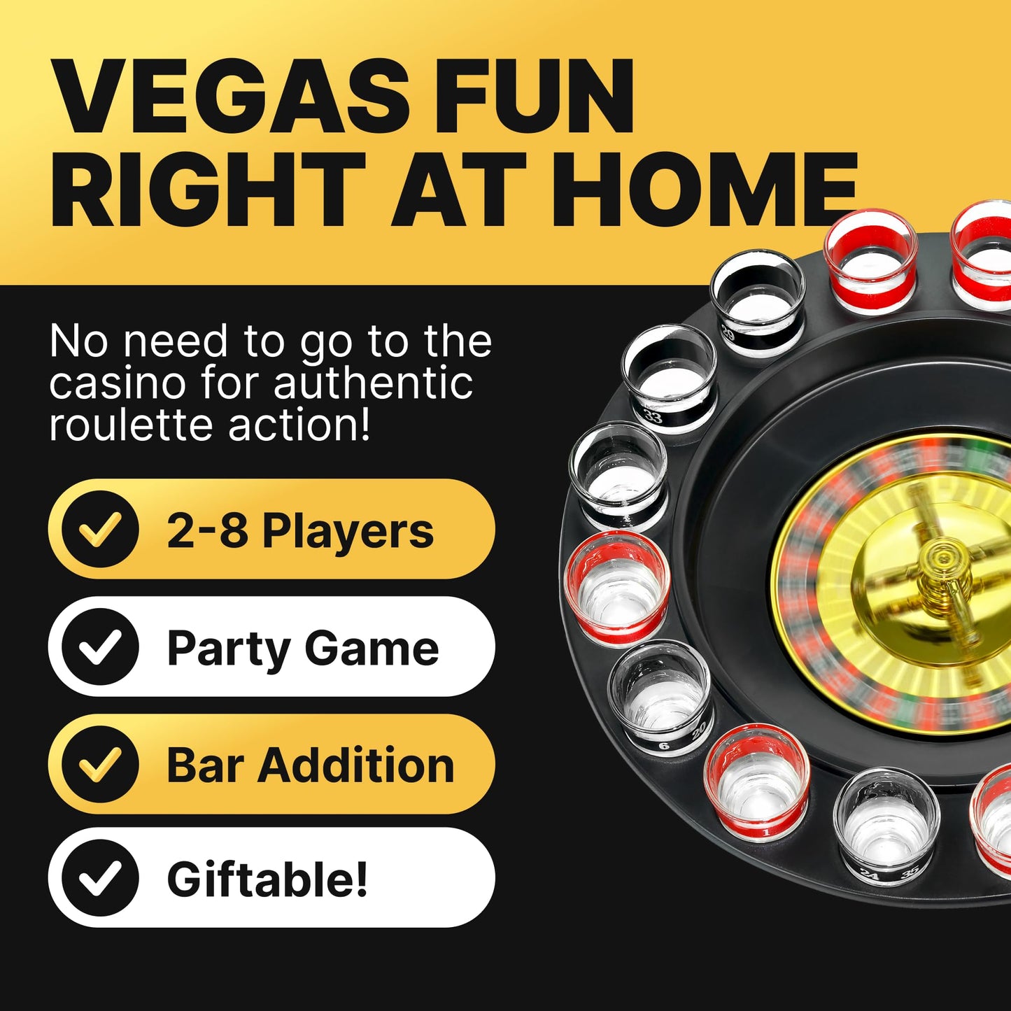 Shot Glass Roulette Drinking Game – 16-Piece Red/Black Set with 2 Metal Balls, Fun Adult Party Game for White Elephant, Game Nights, and Gifts