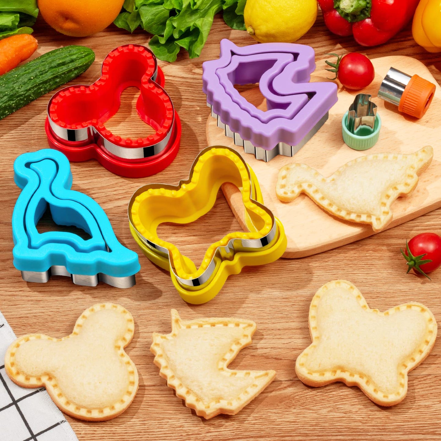 48Pcs Sandwich Cutter and Sealer Set for Kids, Decruster Sandwich Maker Holiday Cookie Cutters Fruit Vegetable Food Cutter Shapes for Boy & Girls Bento Lunch Box w/Mickey Mouse Dinosaur Unicorn Heart