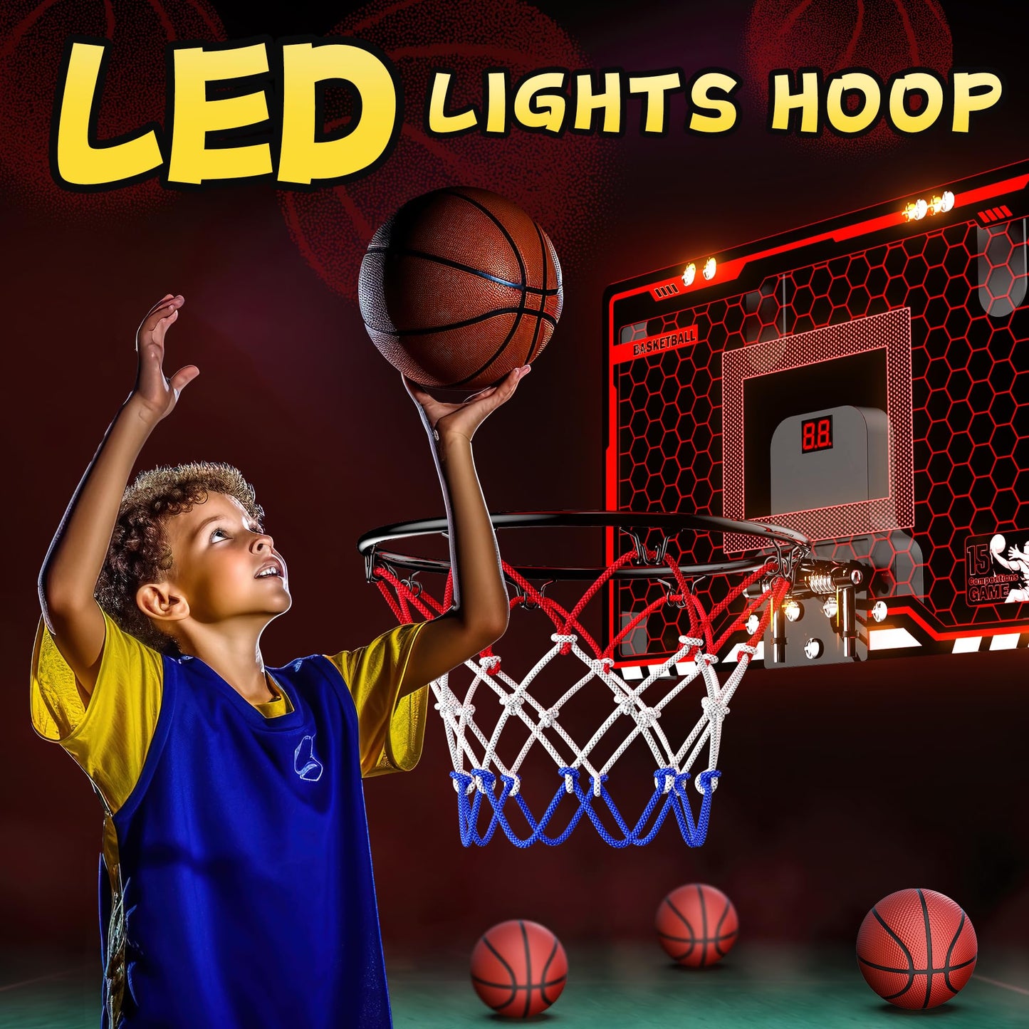 HopeRock Indoor Basketball Hoop, Over The Door Mini Basketball Hoops for Kids, with LED Light and Scoreboard, Birthday Gifts for 5 6 7 8 9 10 11 12 Years Old Boys Girls, Sports Toys