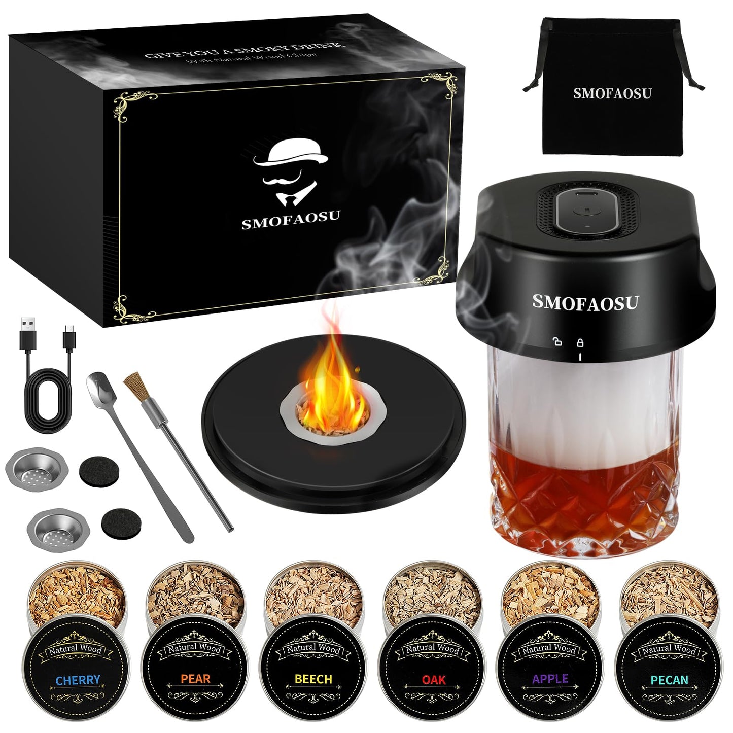 Whiskey Smoker Kit, Electric Cocktail Smoker Kit with 6 Wood Chips, Rechargeable Bourbon Smoker Kit Built in Lighter, Birthday Father's Day Christmas for Men Dad(No Need Butane)