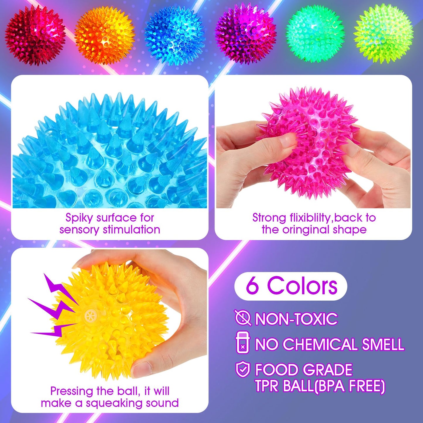 Liliful 30 Pcs Large Light up Bouncy Balls 3.4 Inch LED Rubber Ball Spiky Flashing Lights Holiday Toy Blinking Sensory Bouncy Flash Stress Ball for Adults, Pets, Party Favors, Christmas