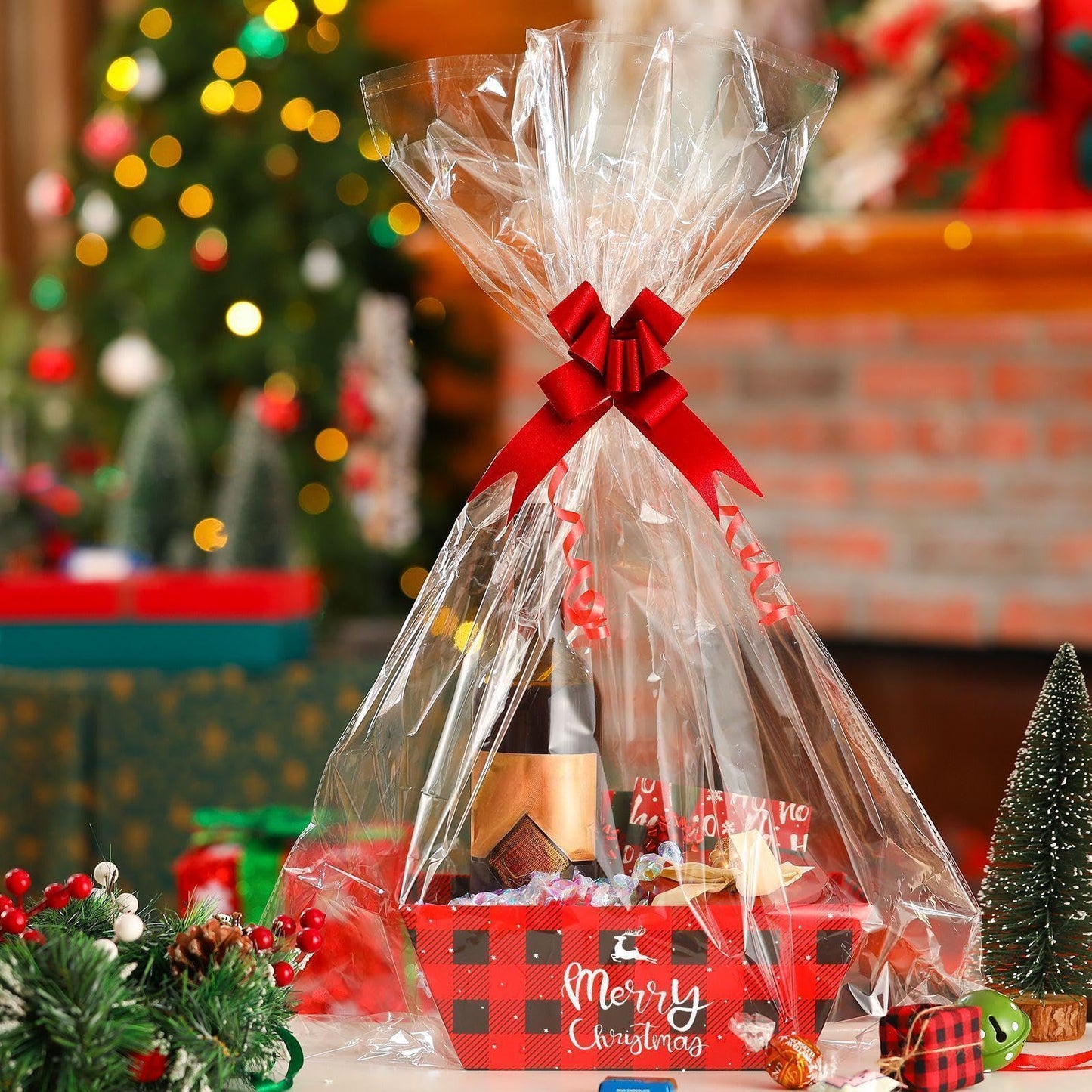 Yeaqee 36 Pcs Christmas Baskets for Gifts Empty Set Includes Buffalo Plaid Christmas Basket for Gifts to Fill, Sturdy Cardboard Baskets Bulk 12 Bags 12 Pull Bows for Xmas