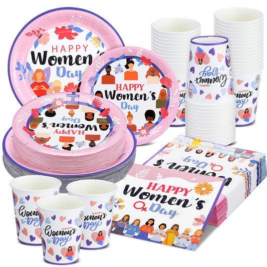Teenyyou 200 Pcs Women's Day Party Supplies Womens History Month Decorations International Womens Day Decoration Plate and Napkin Set Serve 50 Guest Disposable Dinnerware for Birthday Holiday Supplies