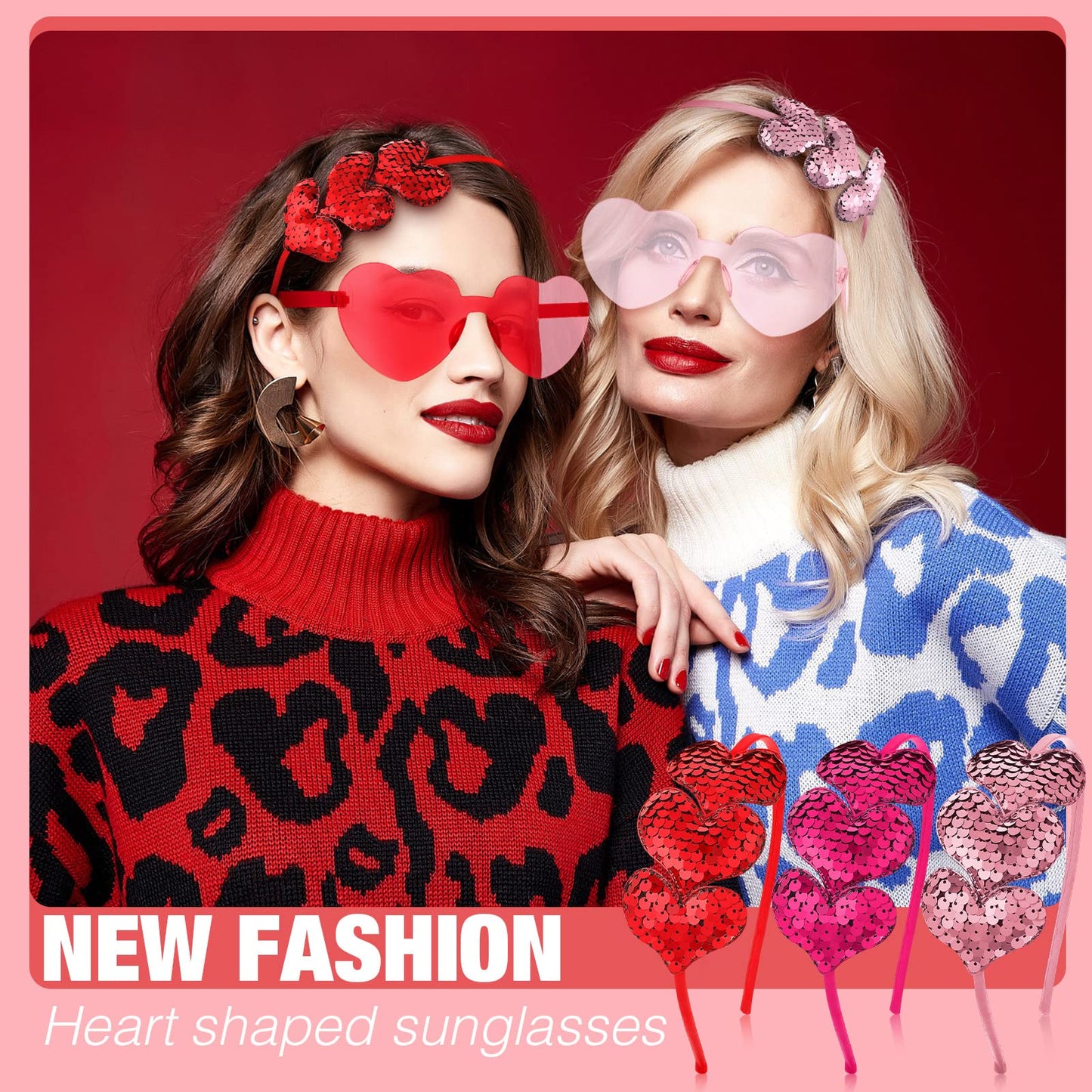 Flutesan 24 Pcs Valentine's Heart Sunglasses and Heart Sequin Headbands Rimless Heart Valentine Glasses, Cupid Love Headband Heart Shaped Glasses Candy Color Eyewear Hair Hoop for Valentine Party