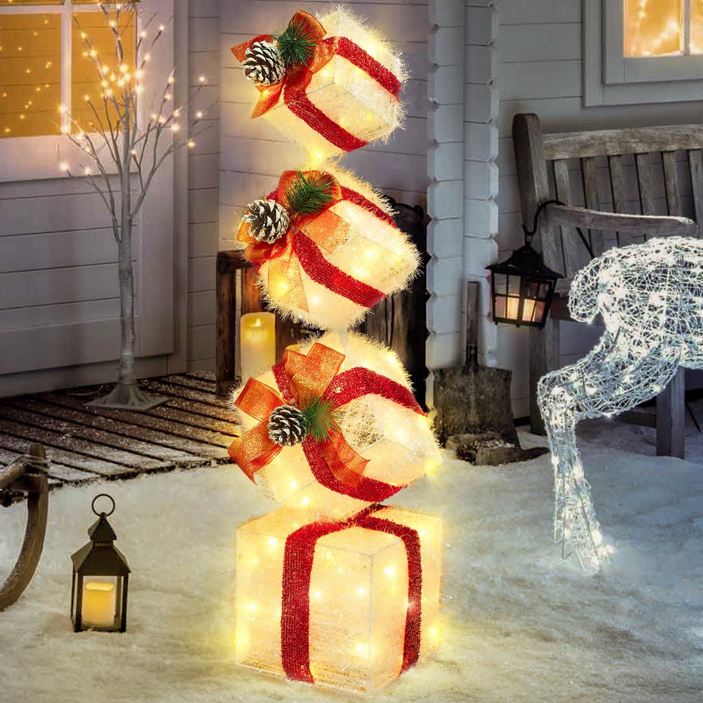 COVFEVER Christmas Lighted Gift Boxes Decorations Set of 4, 3.6Ft Stackable Christmas Nesting Boxes Battery Operated for Home and Party Decoration (10"-8"-6"-5", Red Bow)